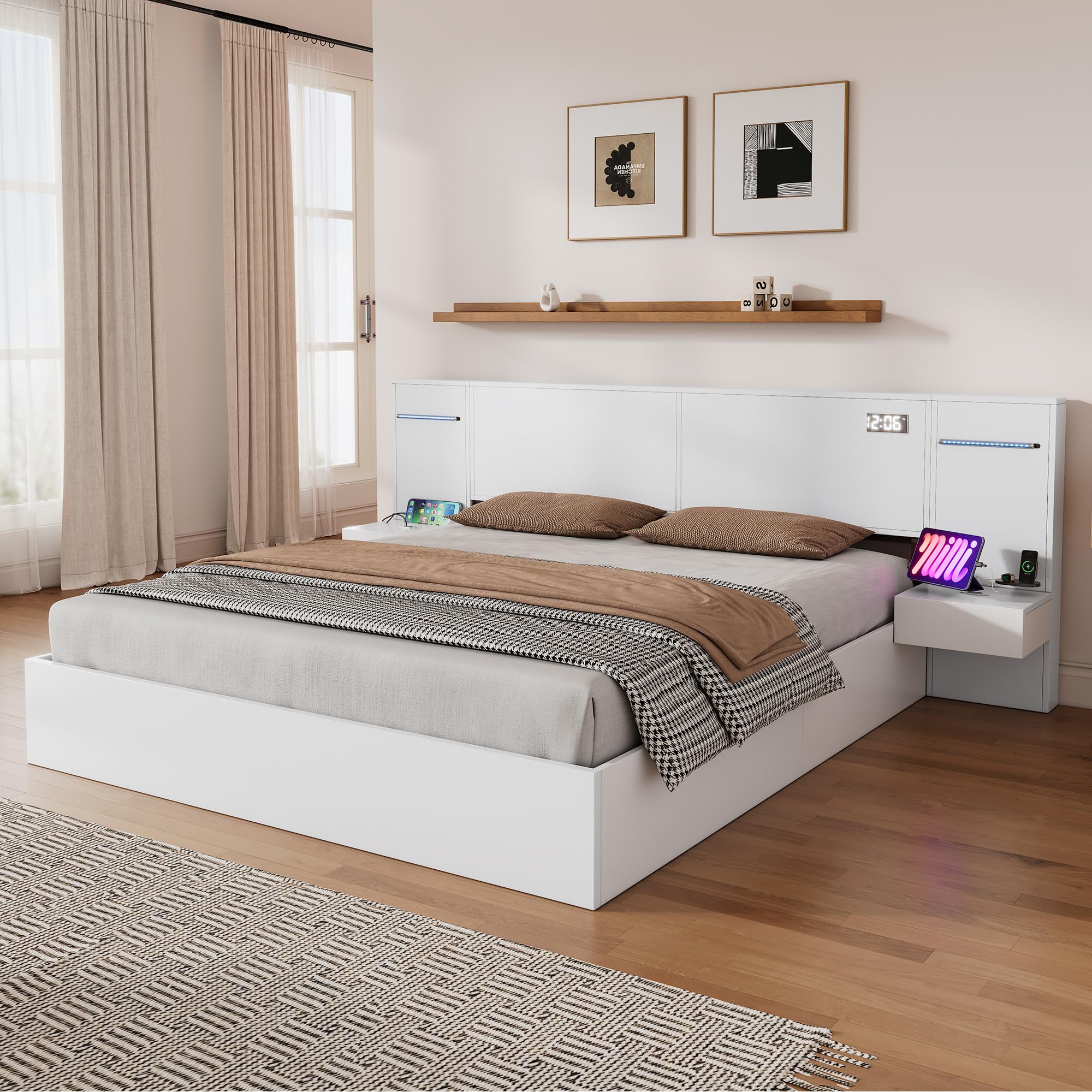 Mrwoo Polsterbett 180x200cm, Holzbett mit USB und Anschluss, Doppelbett mit Bluetooth- Lautsprecher und Farblichtleiste, Weiß (Ohne Matratze)