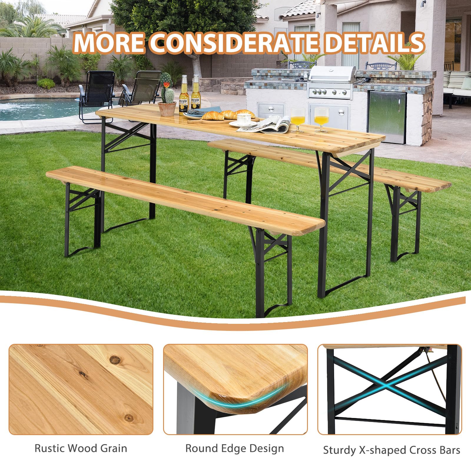 KOMFOTTEU Tavolo da campeggio con sedie, pieghevole, con 1 tavolo da birra e 2 panche, tavolo da picnic pieghevole e salvaspazio, set da giardino, 176 x 46 x 76 cm, portatile per esterni, campeggio