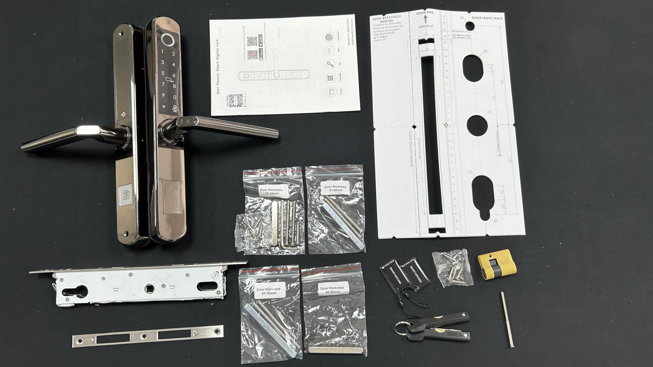 Cerradura de puerta corredera Wi-Fi: huella dactilar, control de aplicación Tuya, entrada sin llave, bloqueo automático, teclado/tarjeta IC, color negro