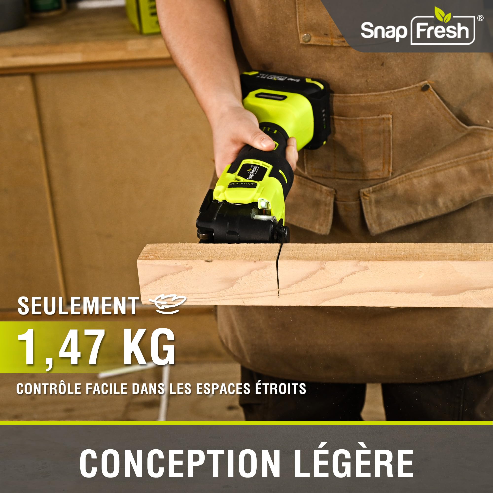 SnapFresh 20V Brushless Outil Multifonction Oscillant Sans Fil, Technologie Anti-Vibration, 6 Vitesses Réglables, 4° Angle d'Oscillation, avec Batterie 2,0 Ah, Chargeur Rapide et Sac de Transport