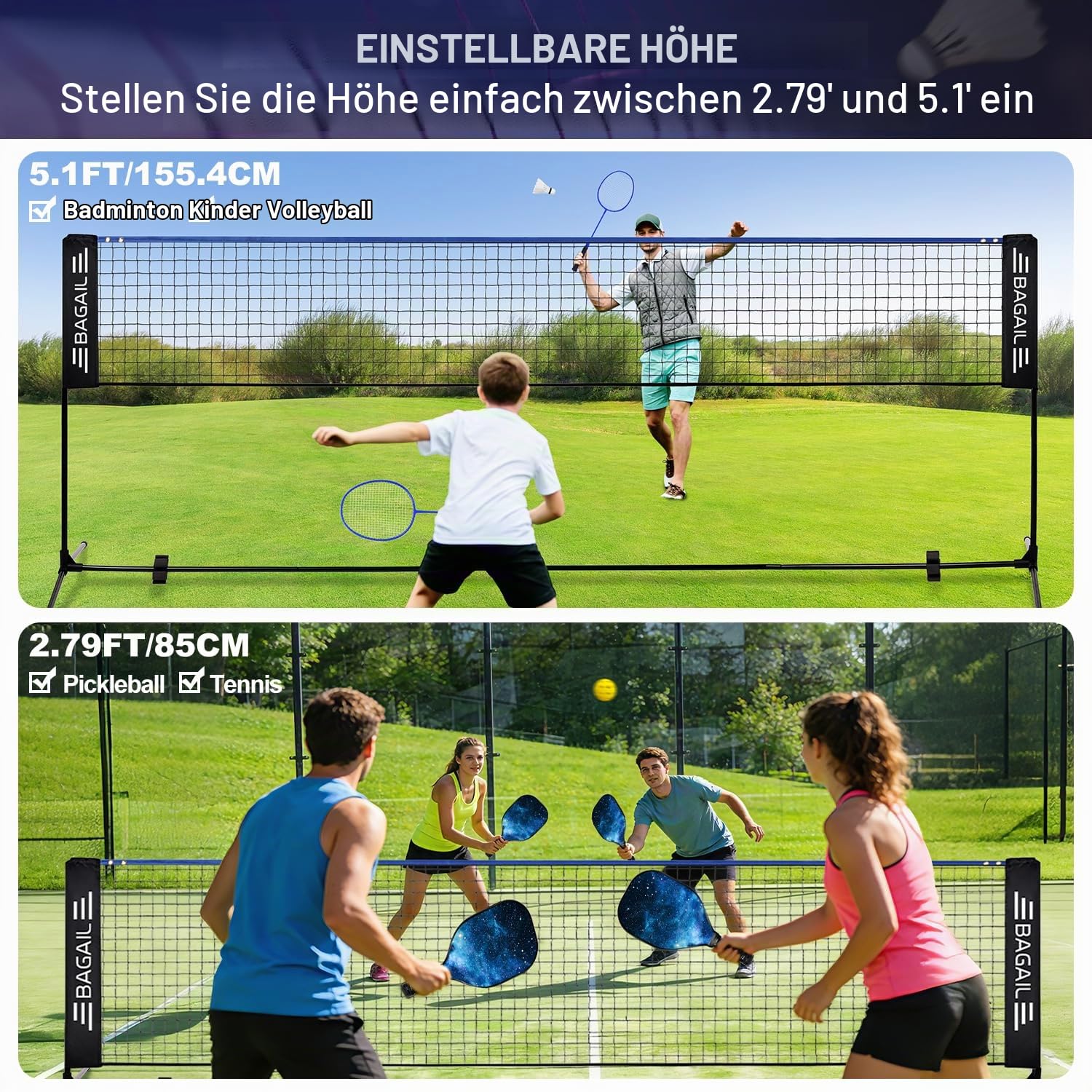 BAGAIL Sportnetz mit Pickleball- und Badminton-Sets, 3m | höhenverstellbares Netzsystem, tragbare Transporttasche, Aufbau ohne Werkzeug, ideal für Volleyball, Pickleball und Tennis