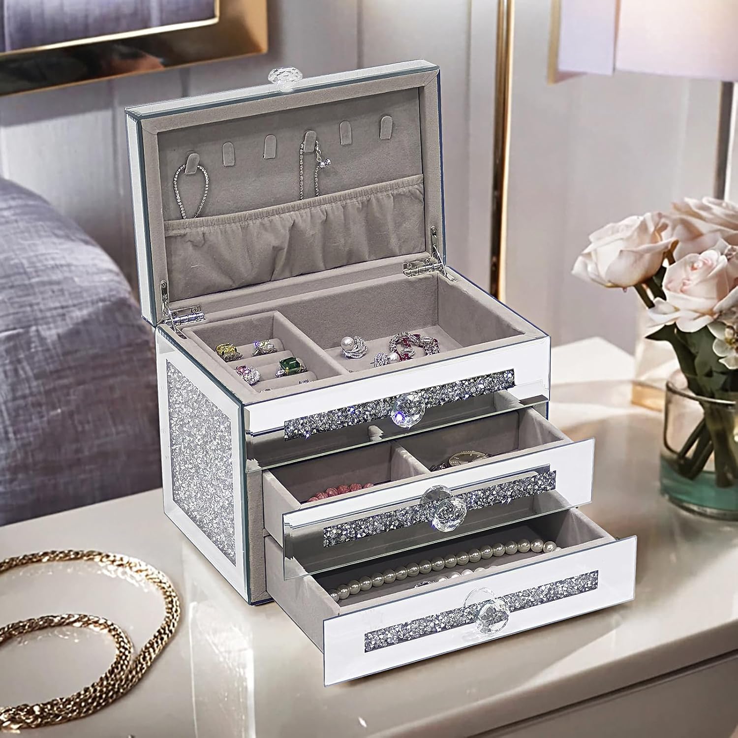 Mirrored Jewelry Box,3-Layer 2 Drawers Glass Jewerly Organizer with Lid,Necklace Ring Earring Storage Boxes,Silver Crushed Diamond Home Decor,Gift Idea