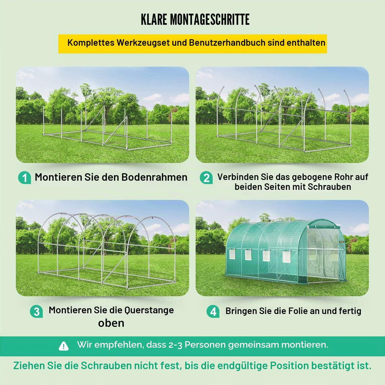 VEVOR Foliengewächshaus 4,6x2,1x2,1m Bogendach Gewächshaus Verzinkter Stahlrahmen PE Abdeckung Frühbeet Treibhaus Wasserdicht UV-Beständig Grün Mobiler Folientunnel Ideal für Anbau von Gemüse Blumen