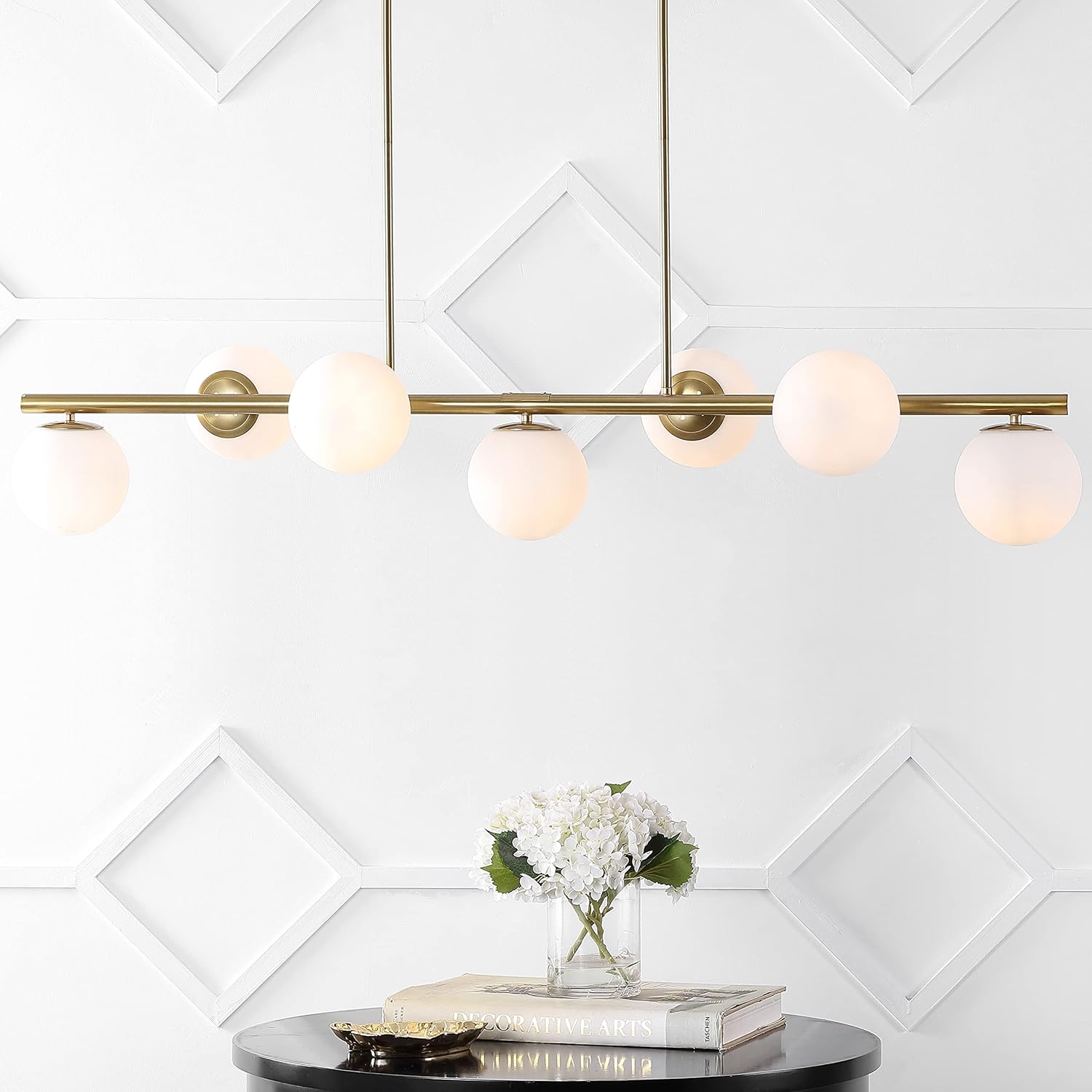 JONATHAN Y 53" Brass Gold 7-Light Linear Pendant for Kitchen Island Decor, Modern Midcentury Glam Chandelier, Frosted White Glass Globe Shades, LED Bulbs Included JYL7573A