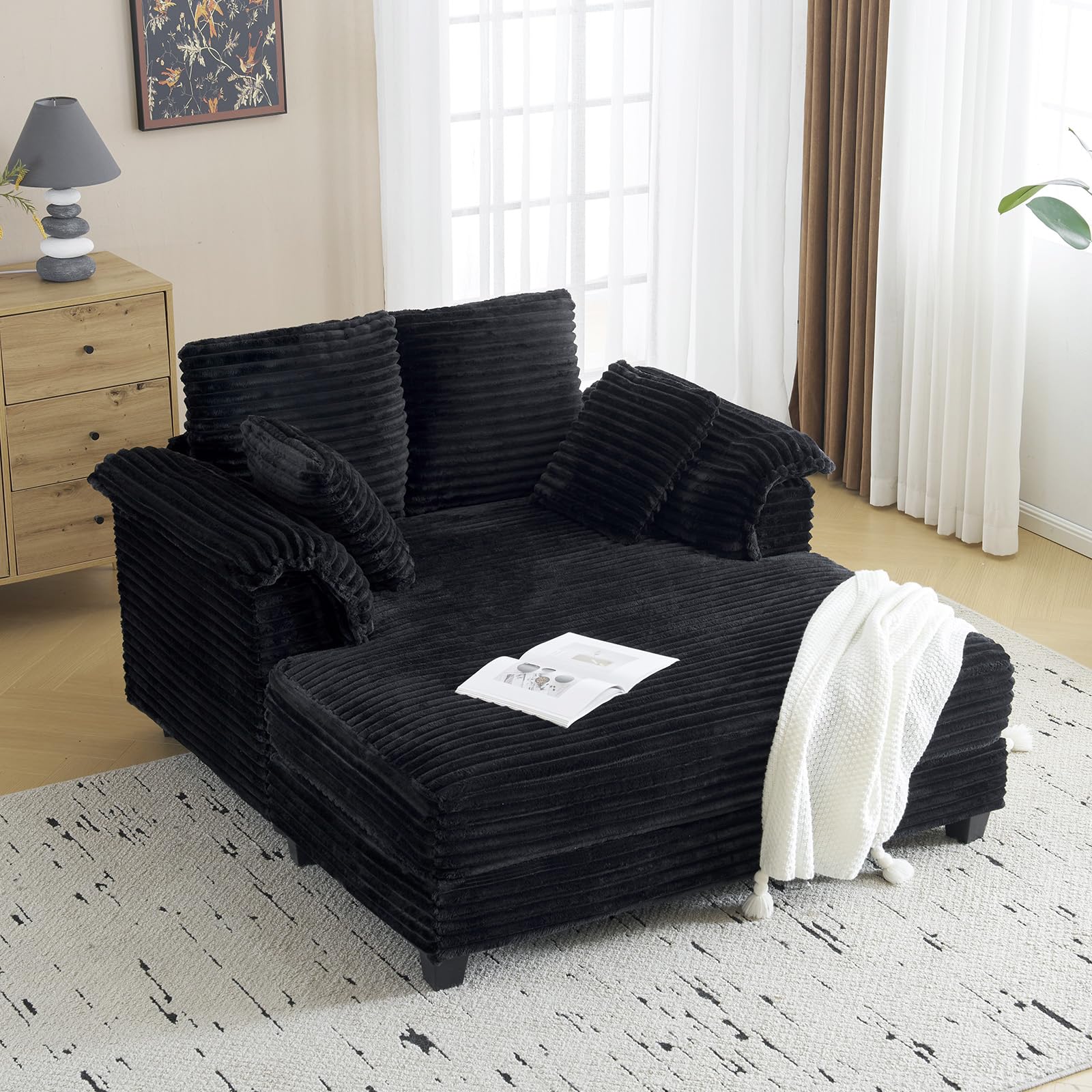 VINGLI 56" Oversized Chaise Lounge Chair, Black Comfy Corduroy Chaise Sofa Recliner Bed Upholstered Sleeper Couch Bed with Throw Pillows and Armrests