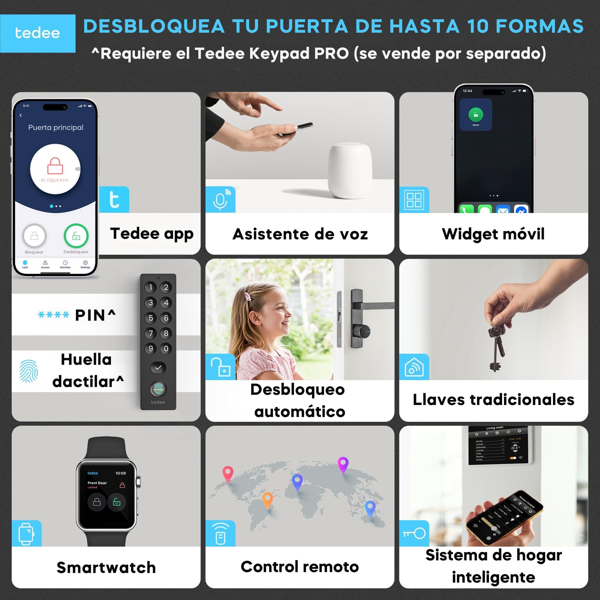 tedee GO2 Alu Cerradura inteligente con WiFi y Bluetooth | Aplicación para Acceso Remoto | Cerradura Inteligente con Desbloqueo automático | Alexa, Google Home, Apple HomeKit, SmartThings | Matter