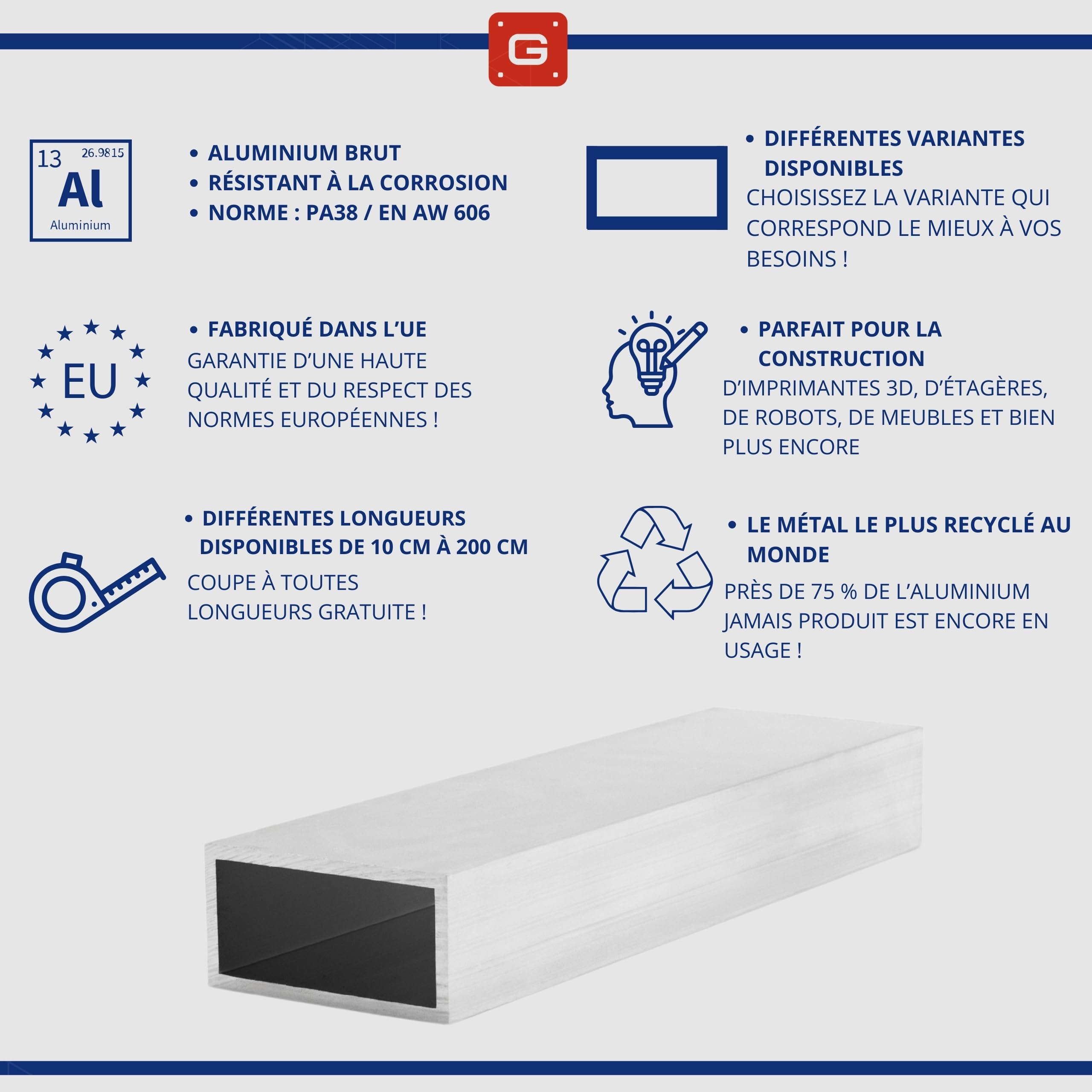 GAL-INDUSTRIAL Profilé Aluminium Tube Carré 60 x 30 x 2 mm Longueur 130 cm | Rectangulaire Carré sur Mesure
