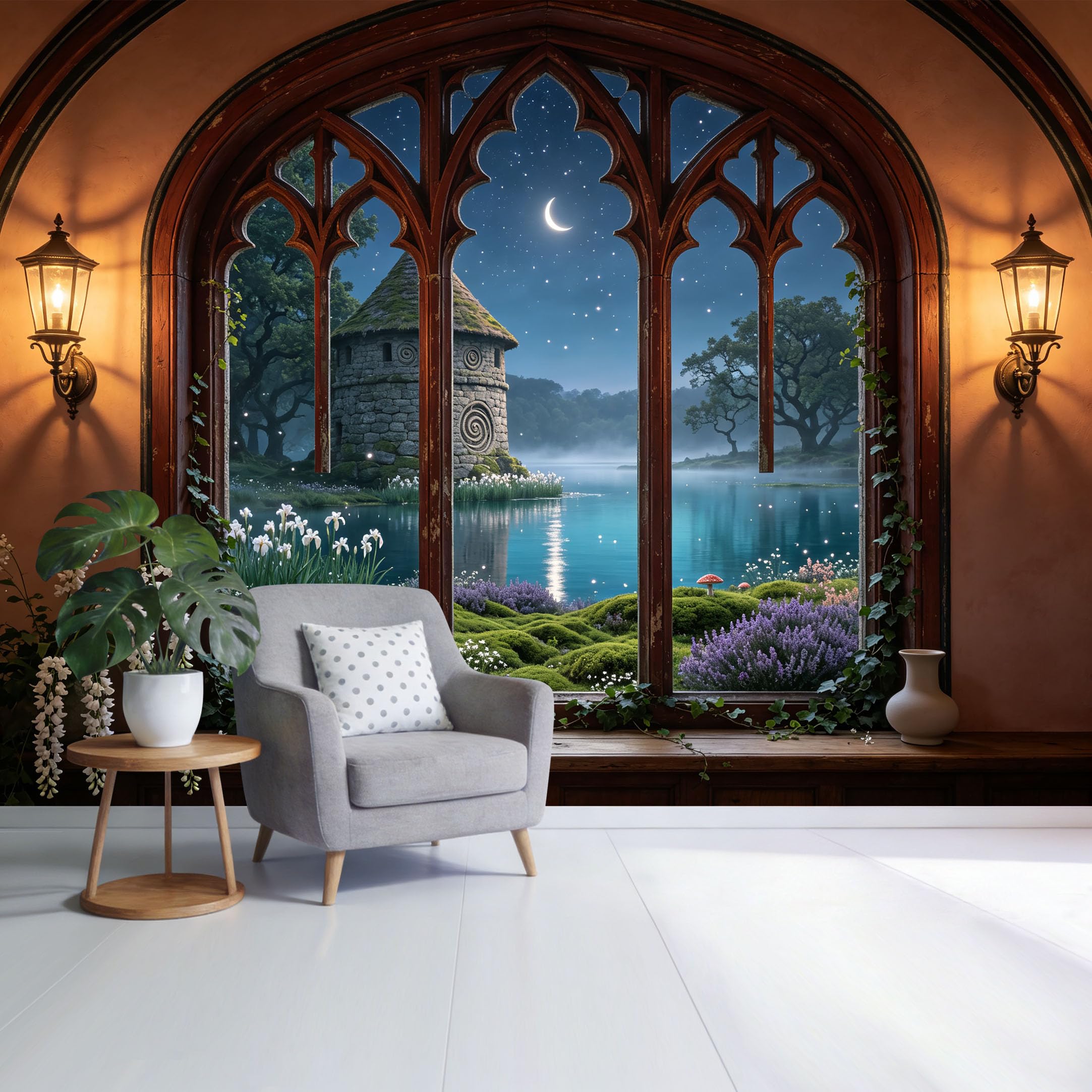 Custom Size Wall Mural Enchanted Stone Tower Lake Night View 3D Trompe L'Oeil Removable Self Adhesive Fabric，Home Wall Decor for Living Room Bedroom Bathroom