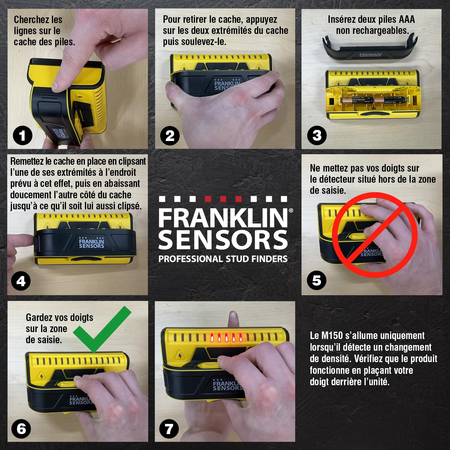 Franklin Sensors ProSensor M155/M150 Détecteur de Montants Professionnel 9 capteurs Précision Maximale Détecte Clous Bois Métal Jaune
