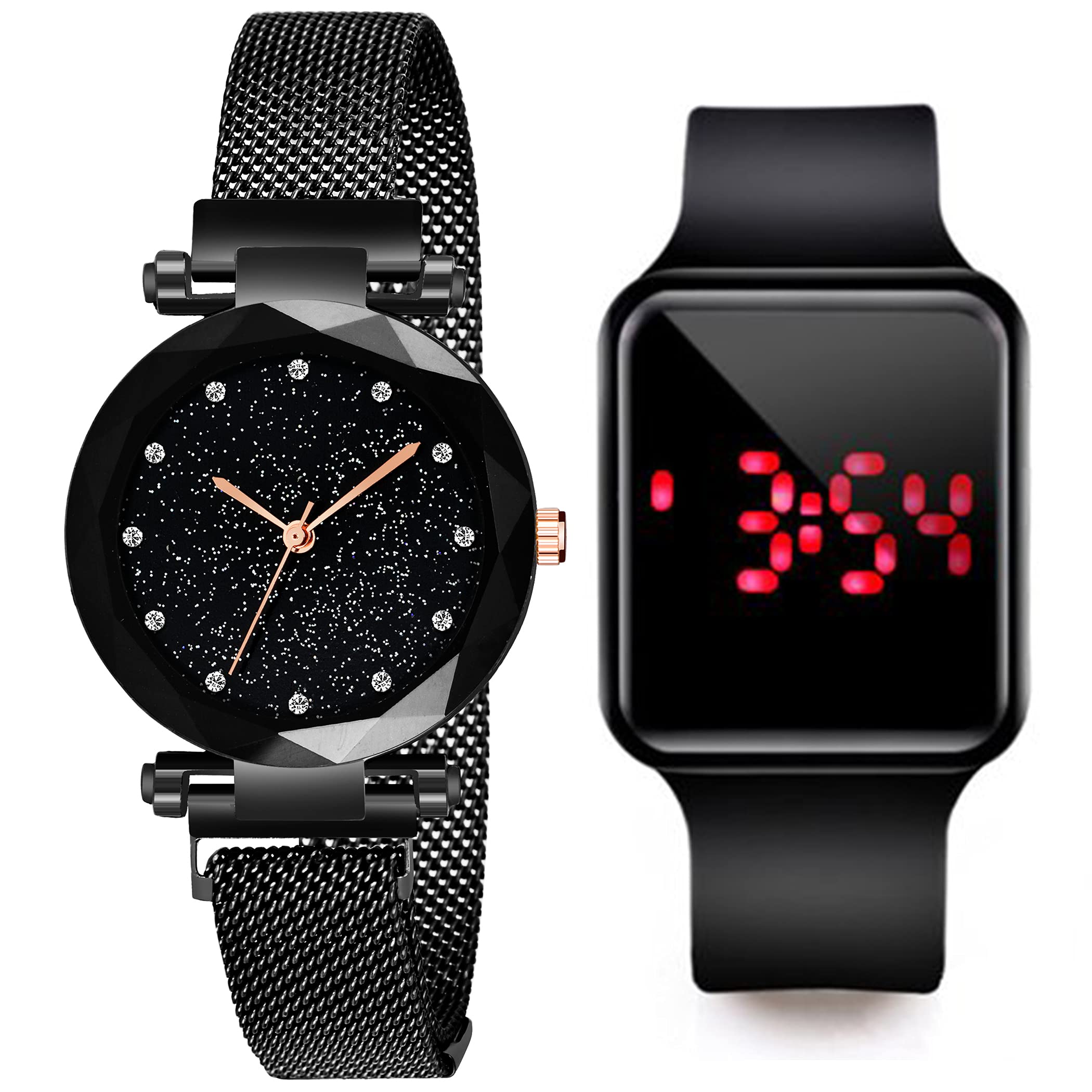 The Shopoholic Analog Black Dial Black and Gold Magnetic Belt Watch with Square Led Watch for Womens Watch for Girls - Watch for Women Pack of 2 (B0927QST7F) Amazon Price History, Amazon Price Tracker