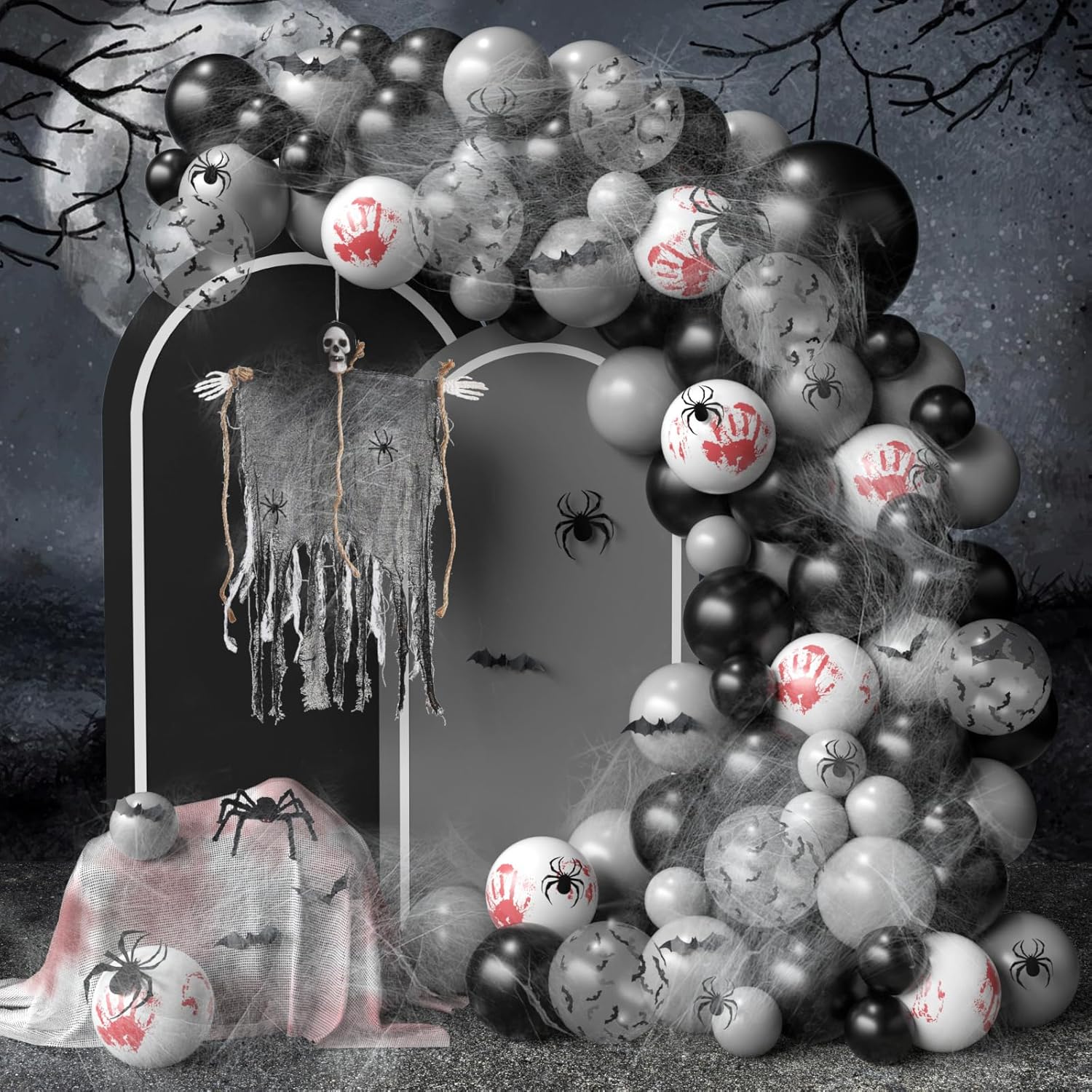 hanging skeleton ghosts halloween balloon garland arch kit - bloody handprint bat balloon with spider web, 3d bat sticker, blood red creepy gauze cloth, scary halloween party decorations supplies halloween balloons c