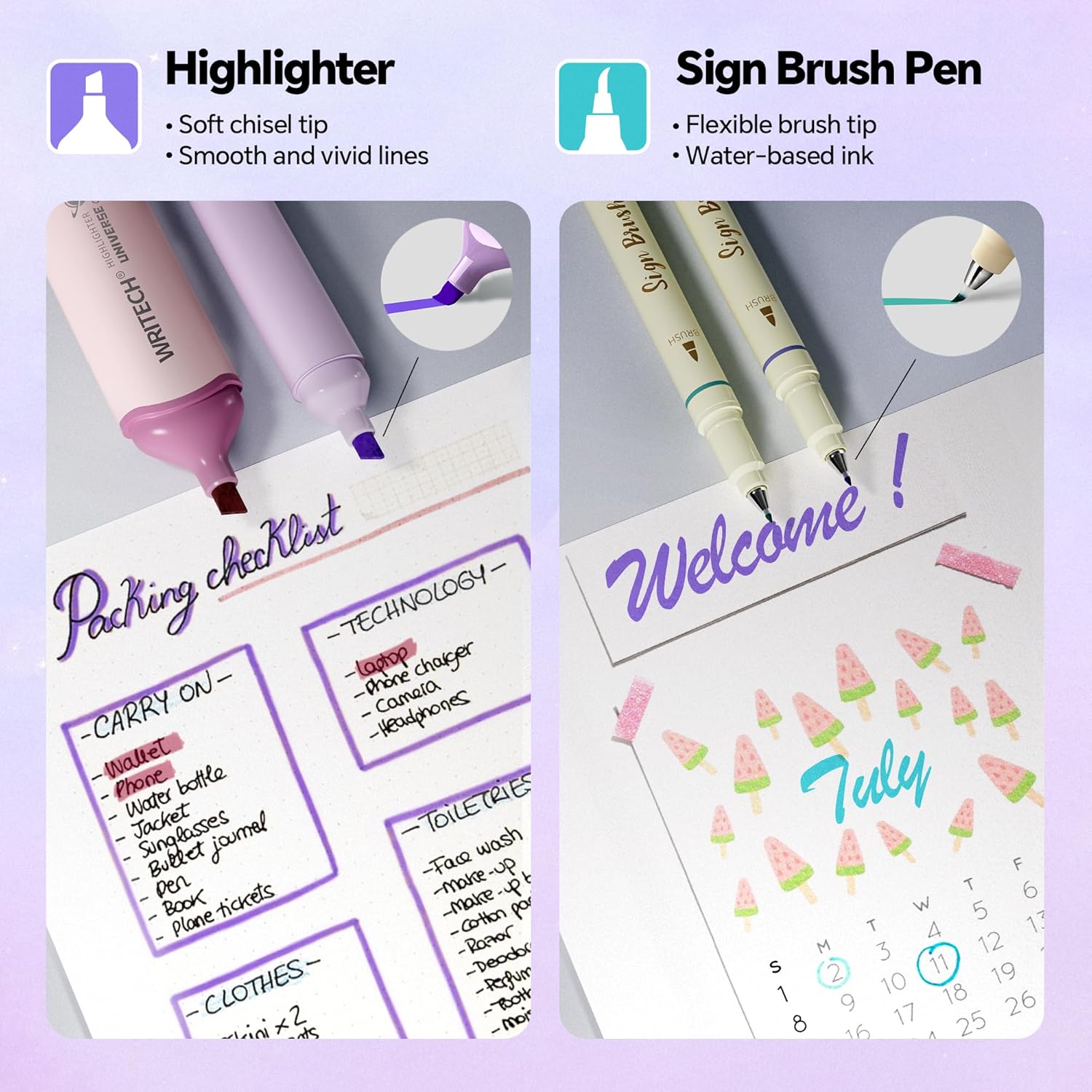 WRITECH Aurora Gel Ink Pens: Wonderland Journaling Pens Set, Gradient Barrels Black Ink Pens Pastel Highlighters Brush Markers, No Bleed Smooth Writing Drawing Gift for Friends 12ct