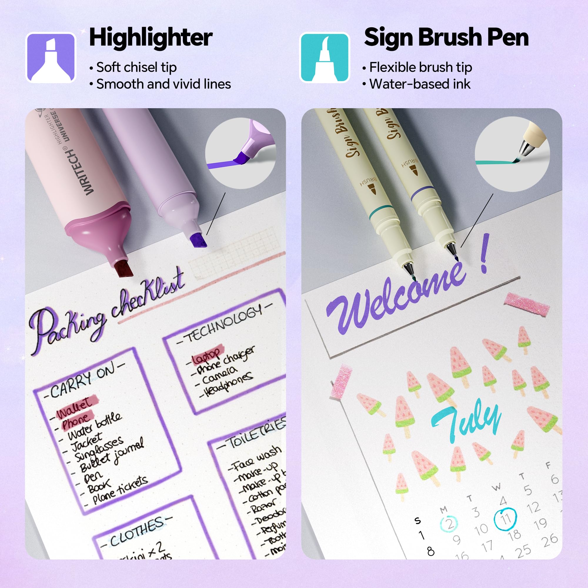 WRITECH Gel Ink Pens Journaling: Aurora Wonderland Pen Set, Gradient Barrels Black Ink Pens Pastel Highlighters Brush Markers, No Bleed Smooth Writing Drawing Gift for Friends 12ct