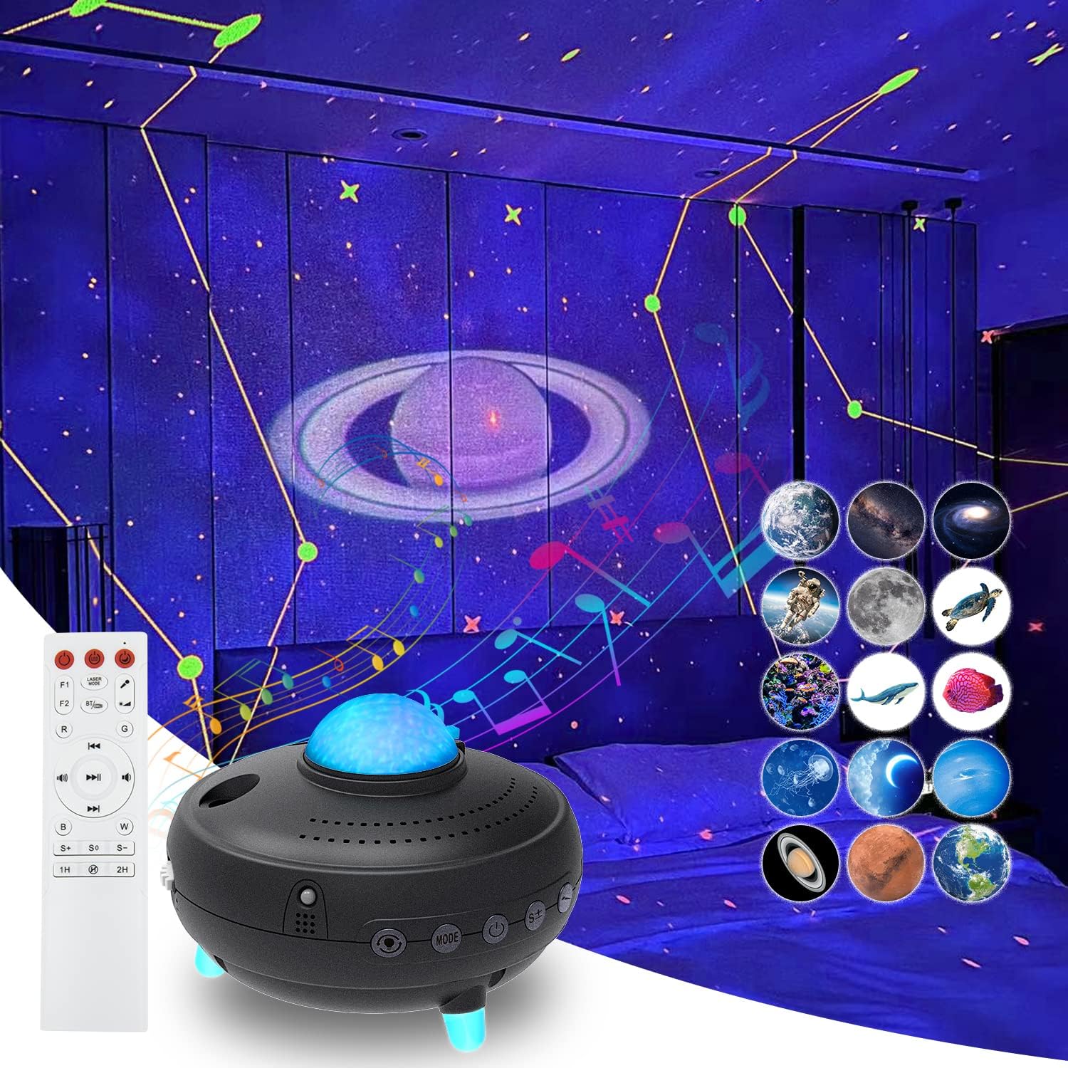 BobillowUFO Star Projector, Galaxy Projector Night Light with 12 Constellations, Space Galaxy & Marine Projector, Bluetooth Music Speaker, 10 Nebula and Time Off Night Light for Room Decor – Grey