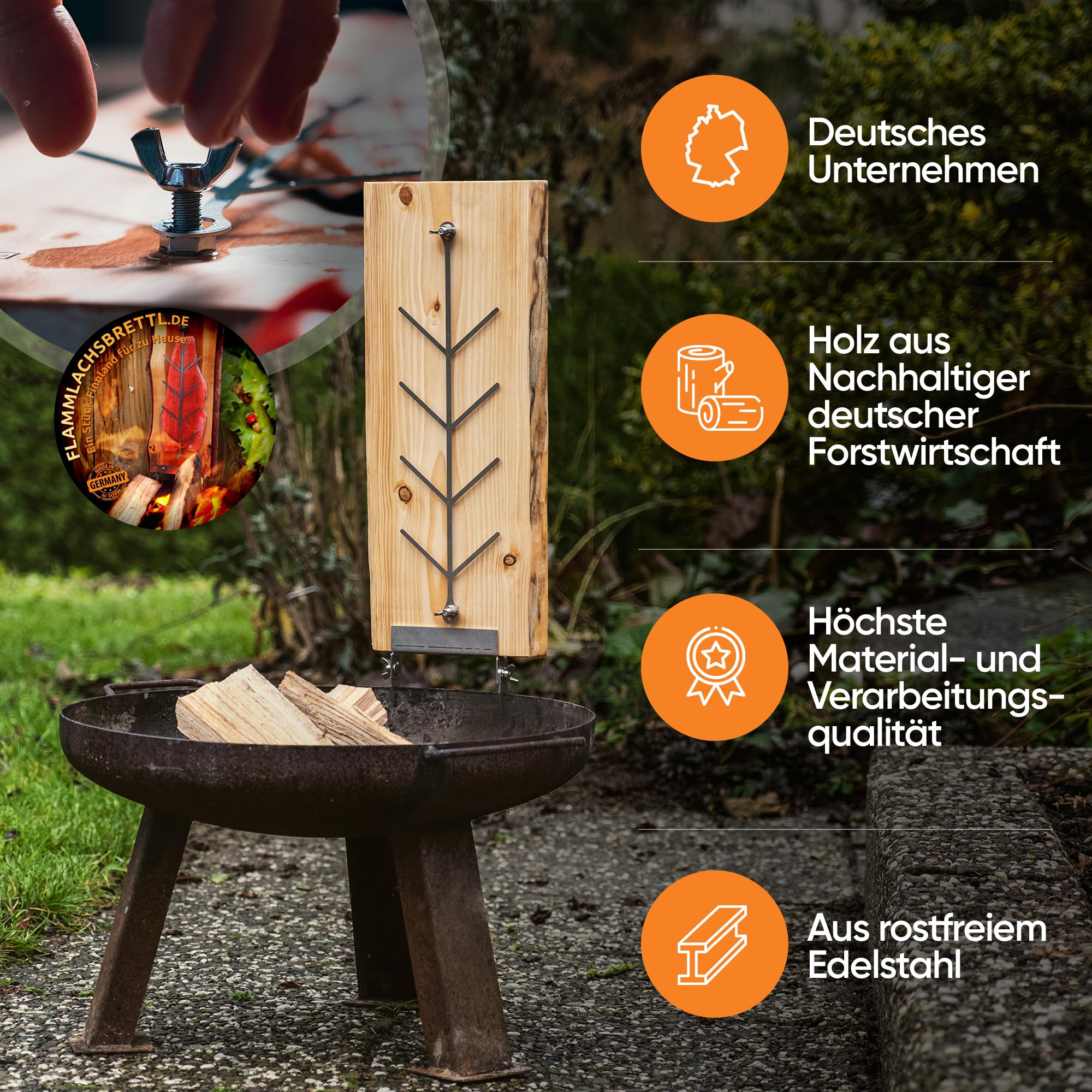 XL Flammlachbrett [mit 5 verstellbaren Einstellwinkel] aus Lärchenholz mit Maserung | ca. 200-290 x 500 x 20 mm | Lachsbrett für Feuerschalen & Kugelgrill