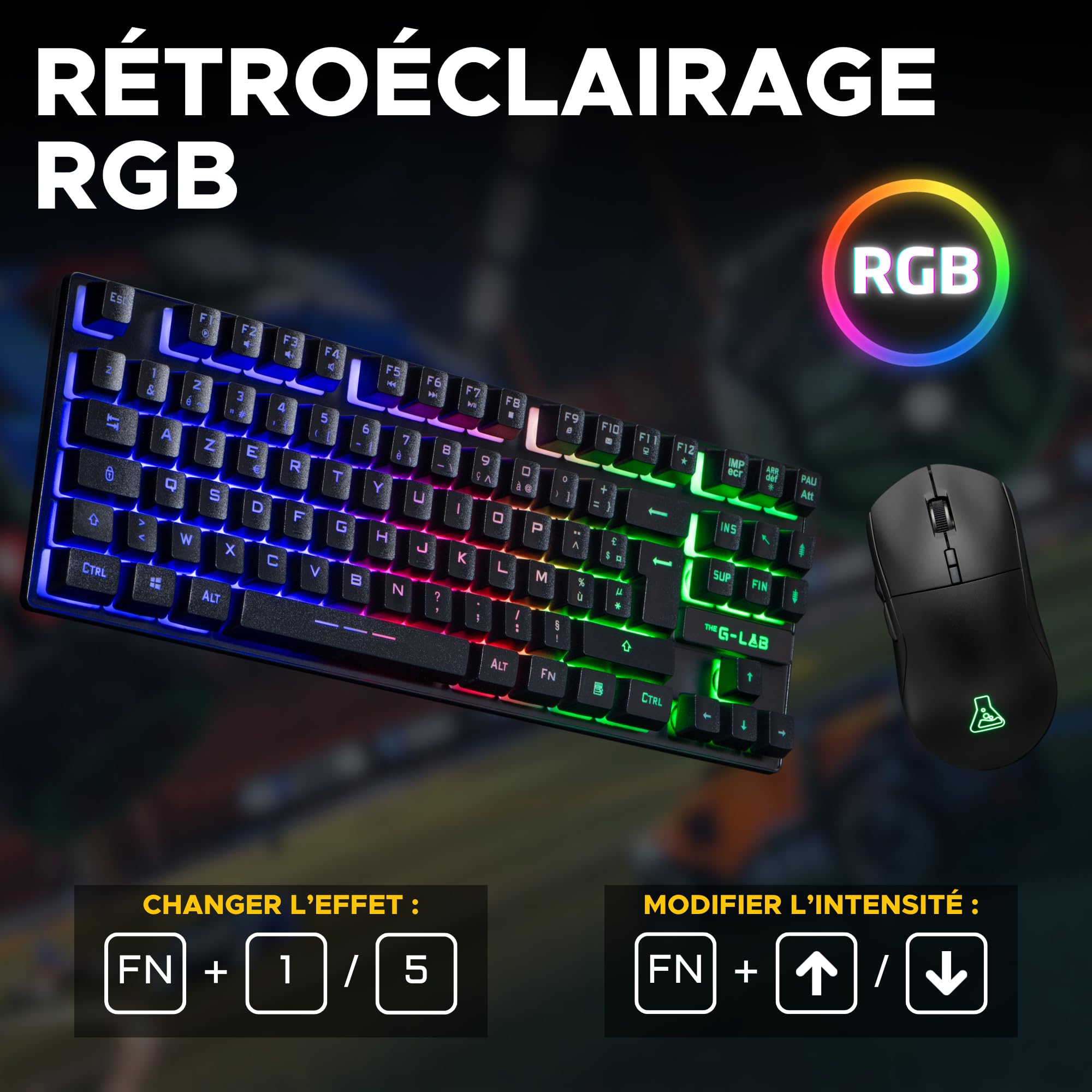 The G-Lab Oxygen EX Combo - Zestaw bezprzewodowej klawiatury i myszy do gier z diodami LED RGB - bezprzewodowa klawiatura do gier w formacie TKL, układ hiszpański i bezprzewodowa mysz do gier, 3200