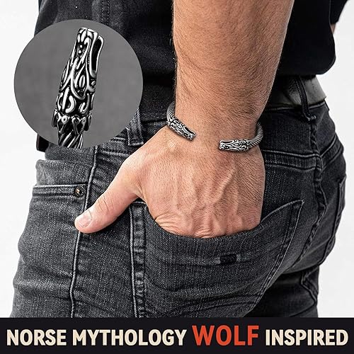 Vista 2 de FaithHeart Brazalete vikingo para hombres y mujeres, brazalete de acero inoxidable con diseño de alambre punk cuervolobodragón