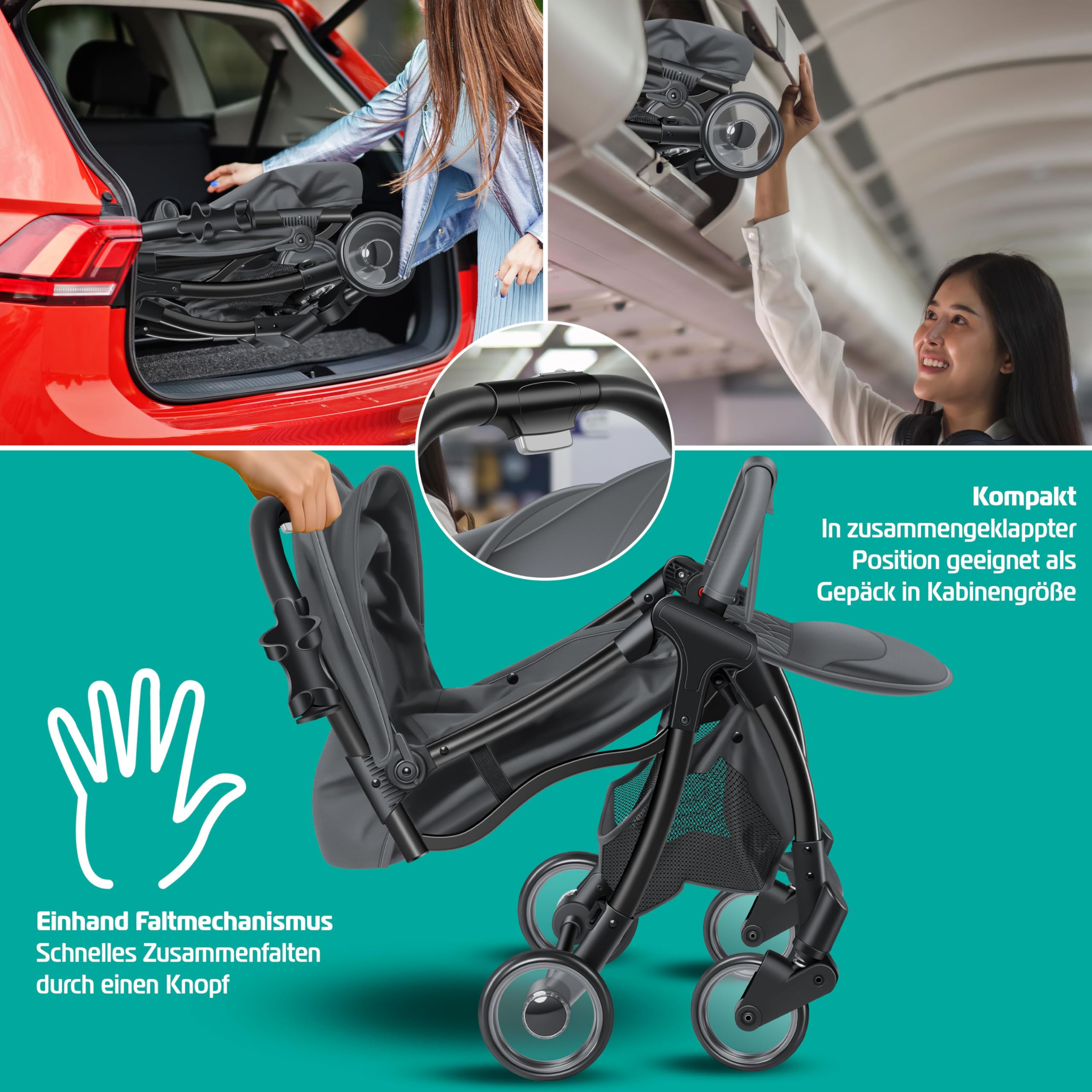 KIDIZ® Poussette Premium Pliable 360°Roues Harnais 5 Points Incl. Porte-boisson & Housse de pluie, Dossier réglable & Capote pare-soleil, Anthracite