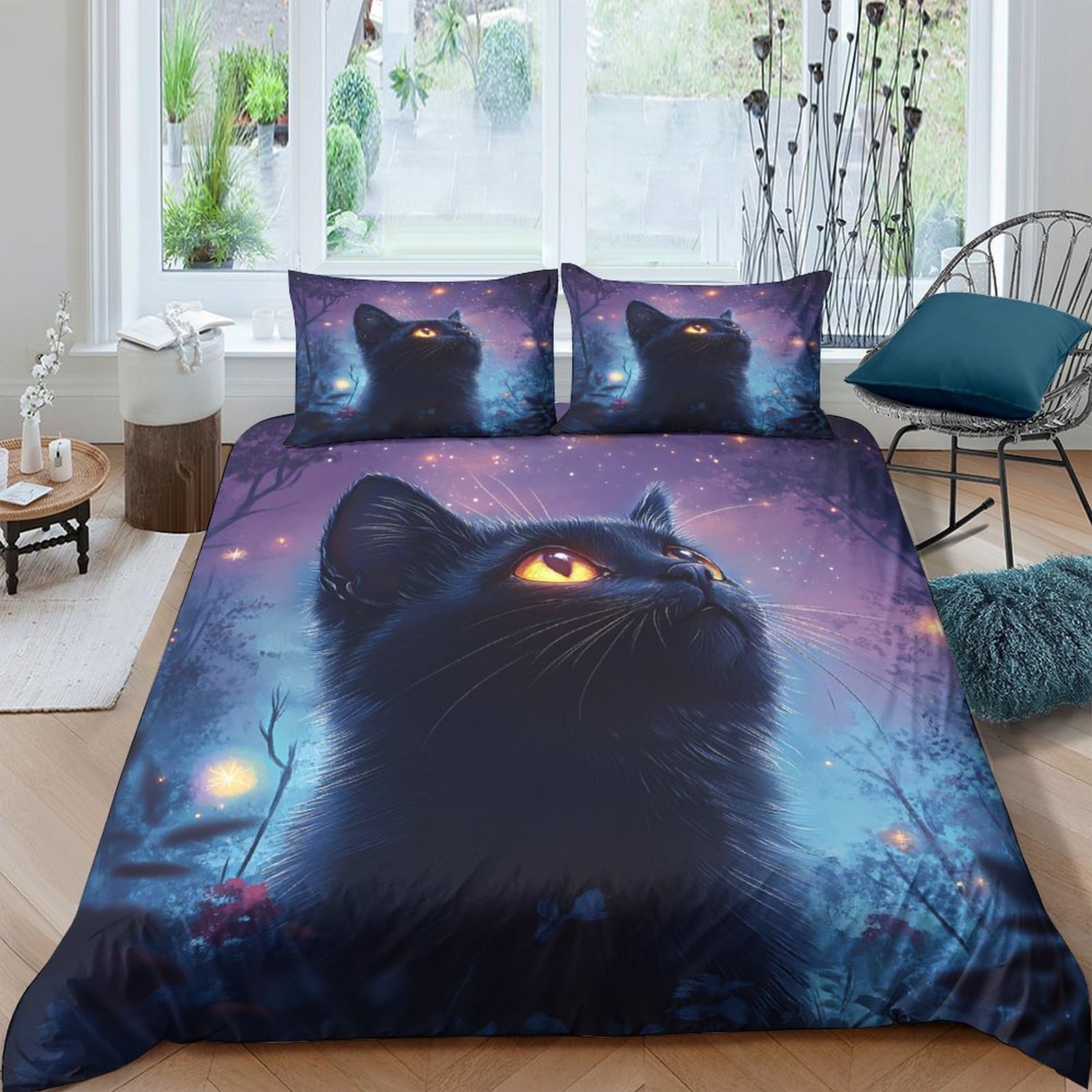 Ctjqhvkz Style-1 3D Printed Black Cat Night Sky Fitted Sheet Microfiber Soft Mattress Cover Bedroom Decor Protection Single（135X200cm）