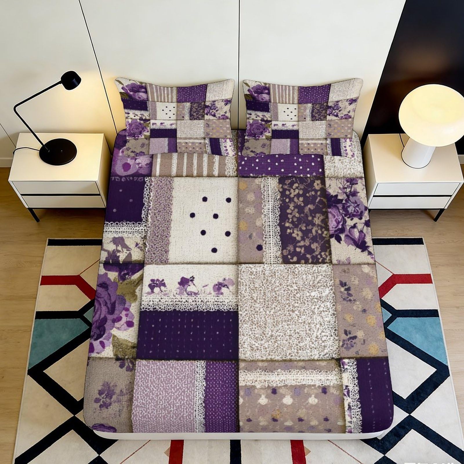 3D Printed Patchwork Floral Fitted Sheet Microfiber Anti-Slip Purple Vintage Bed Cover for Bedroom Dorm Mattress Protection Decor 120x200x25cm