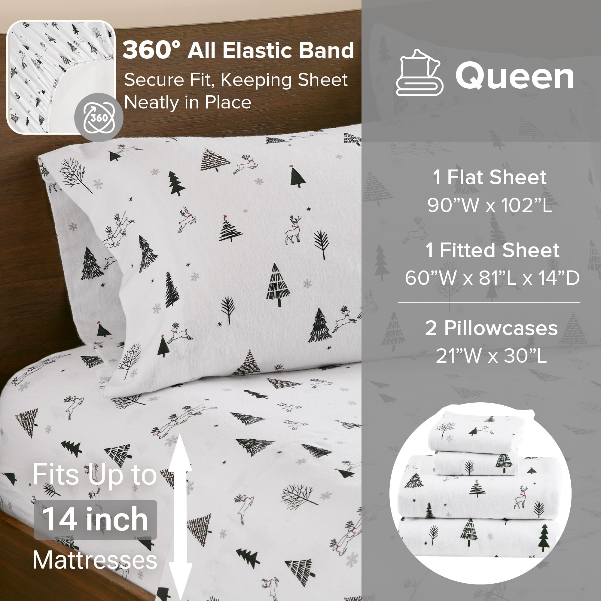 Comfort Spaces 4-częściowy zestaw pościeli flanelowej Queen, 100% bawełna, wyjątkowo miękki i przytulny zestaw z kieszenią na materac 35 cm, pasuje na materac do 40 cm, Reindeer Village