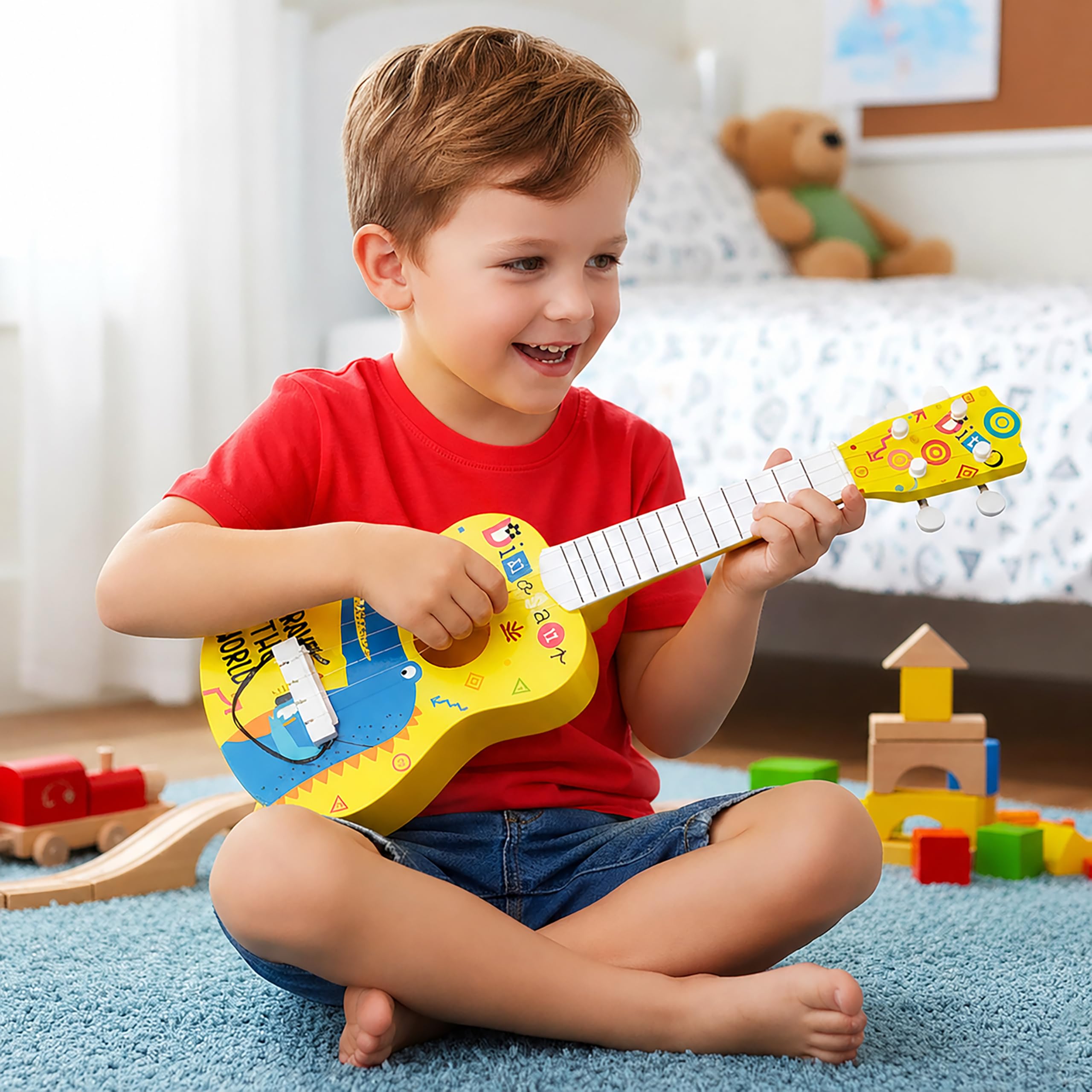 VGRASSP 22 Inch 4 String Dinosaur Theme Kids Guitar Toy - Colorful Cartoon Design Musical Instrument Toy, Educational Ukulele Style Playset Gift for Boys and Girls-image-45