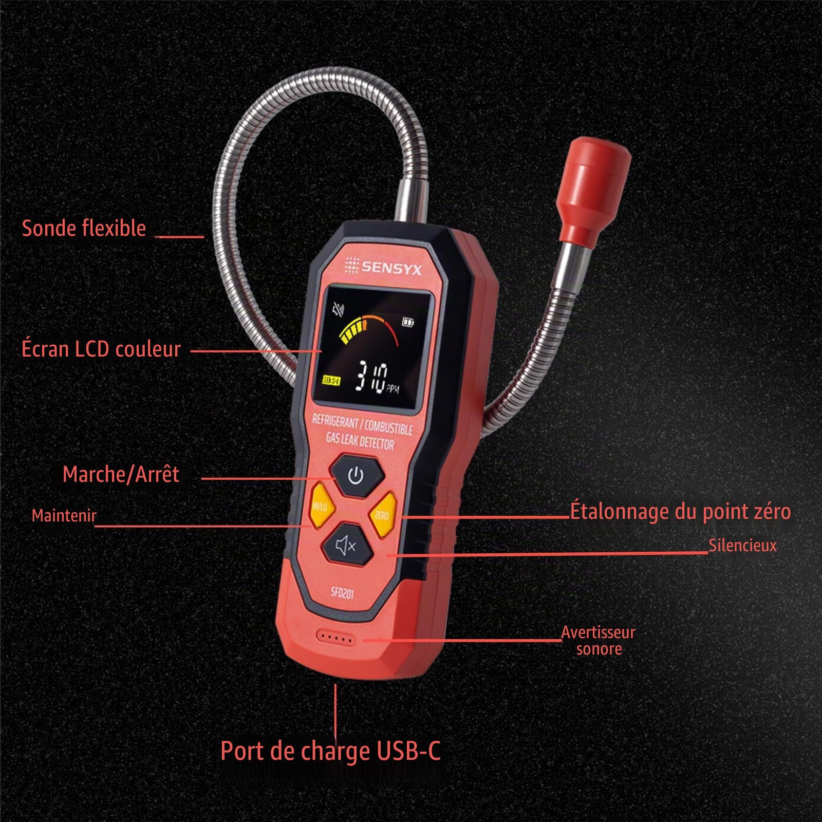 Détecteur de fuite de gaz réfrigérant et combustible 2 en 1 rechargeable HVAC, renifleur de fréon halogène, détection de climatisation, détecteur de gaz automobile (SFD201 Détecteur de gaz