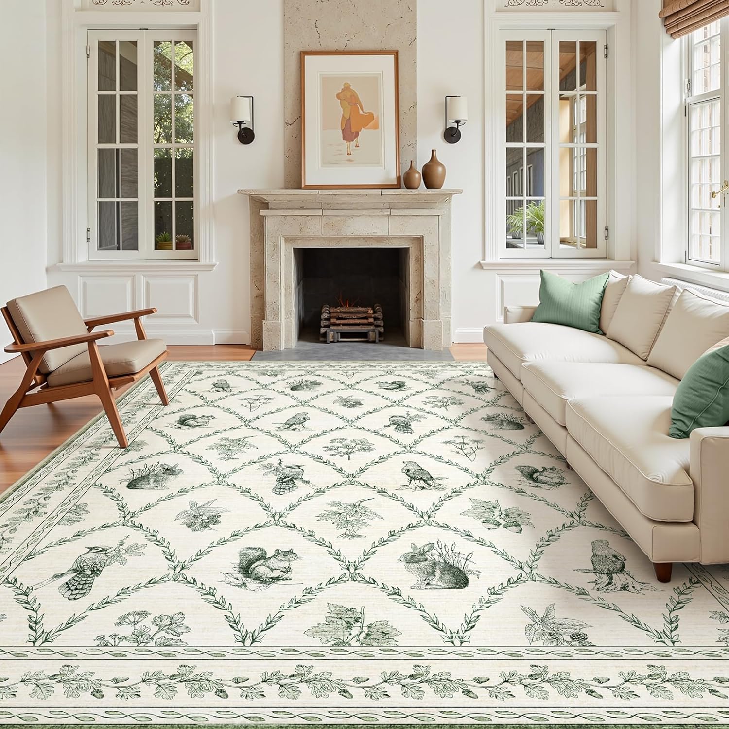 Olive Green Rugs 8x10 for Living Room, Boho Washable Rugs Large Floral Animal Print Carpet for Bedroom, 8 x 10 Soft Green Dining Room, Non Slip Farmhouse Floor Carpet for Kids Playroom Dorm Olive Green 8 x 10 ft