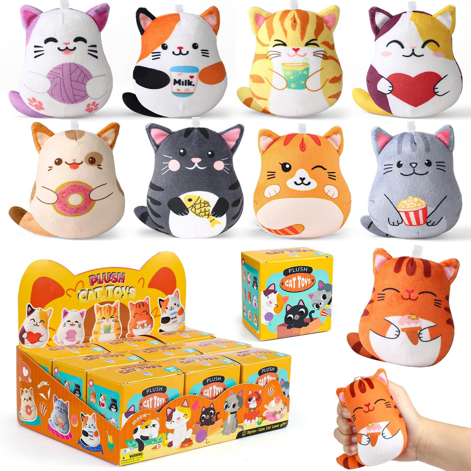 Winrayk 9Pcs Mini Plush Cat Stuffed Animals Blind Box Cat Party Favors Bulk Toys Assortment Plush Keychain Pendant Blind Boxes Mystery Box Collectibles for Kids Easter Christmas Gifts Classroom Prizes