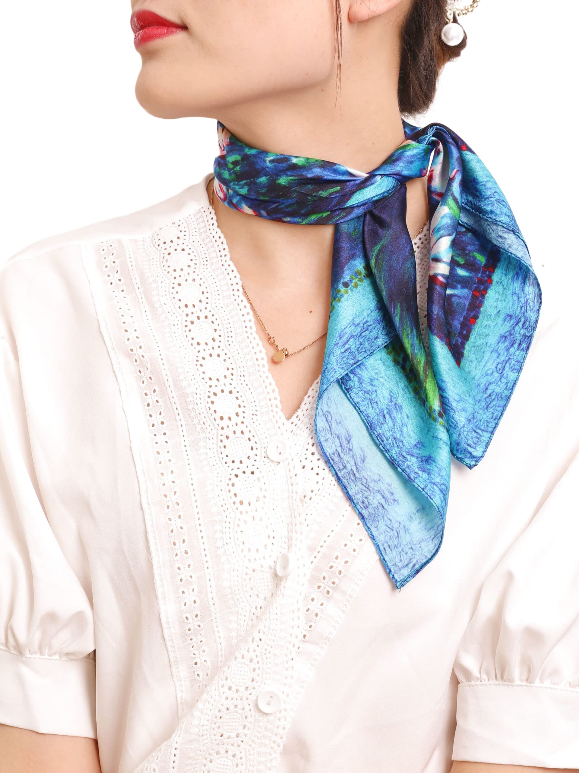 Prettystern Ladies Bandana Silk Necktie Painting Blue Green Monet Water Lilies P583