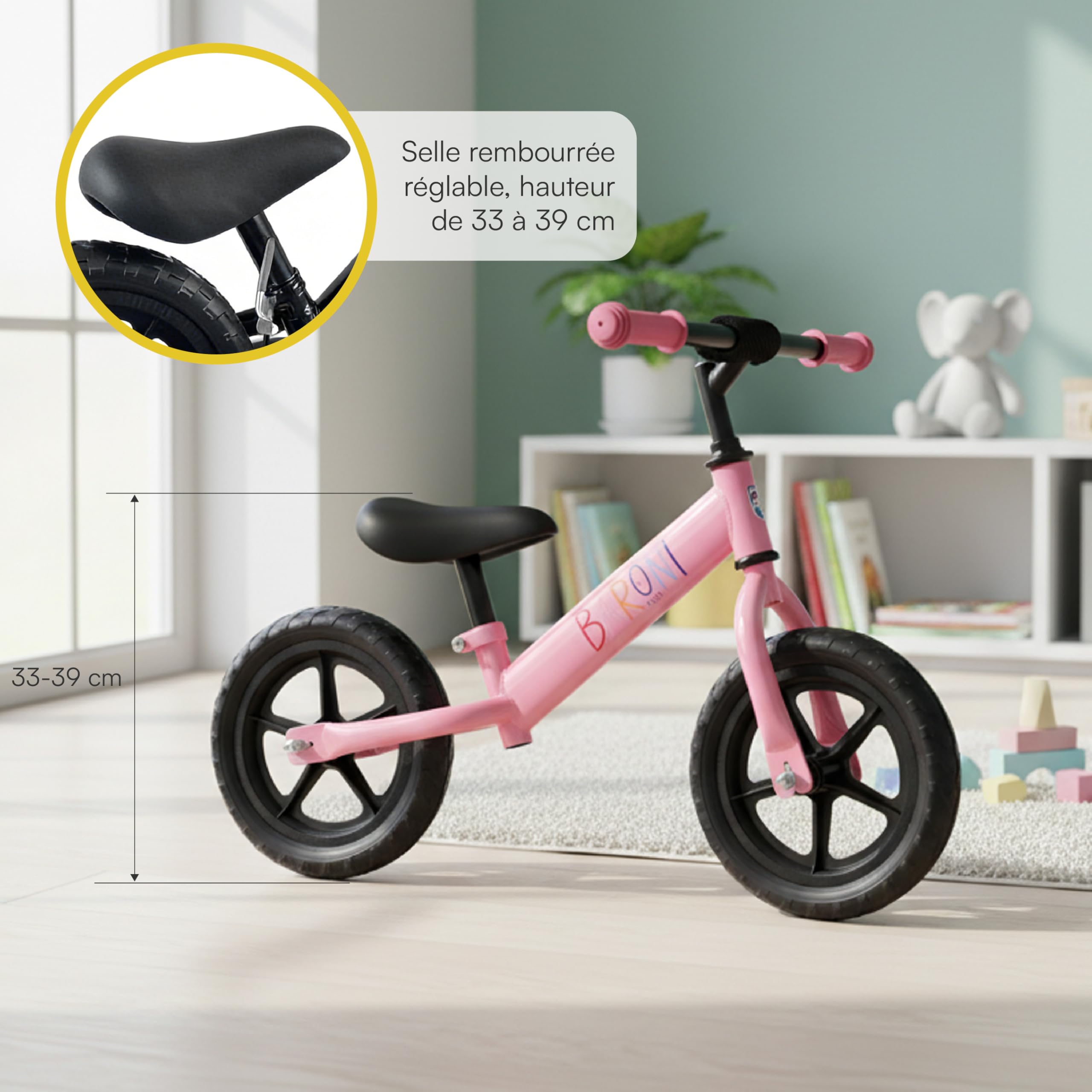 Baroni Toys Vélo sans pédales pour enfants à partir de 3 ans, Balanced Bike avec guidon et selle réglables, roues gazeuses antidérapantes, portée 45 kg, idéal pour l'équilibre et la coordination