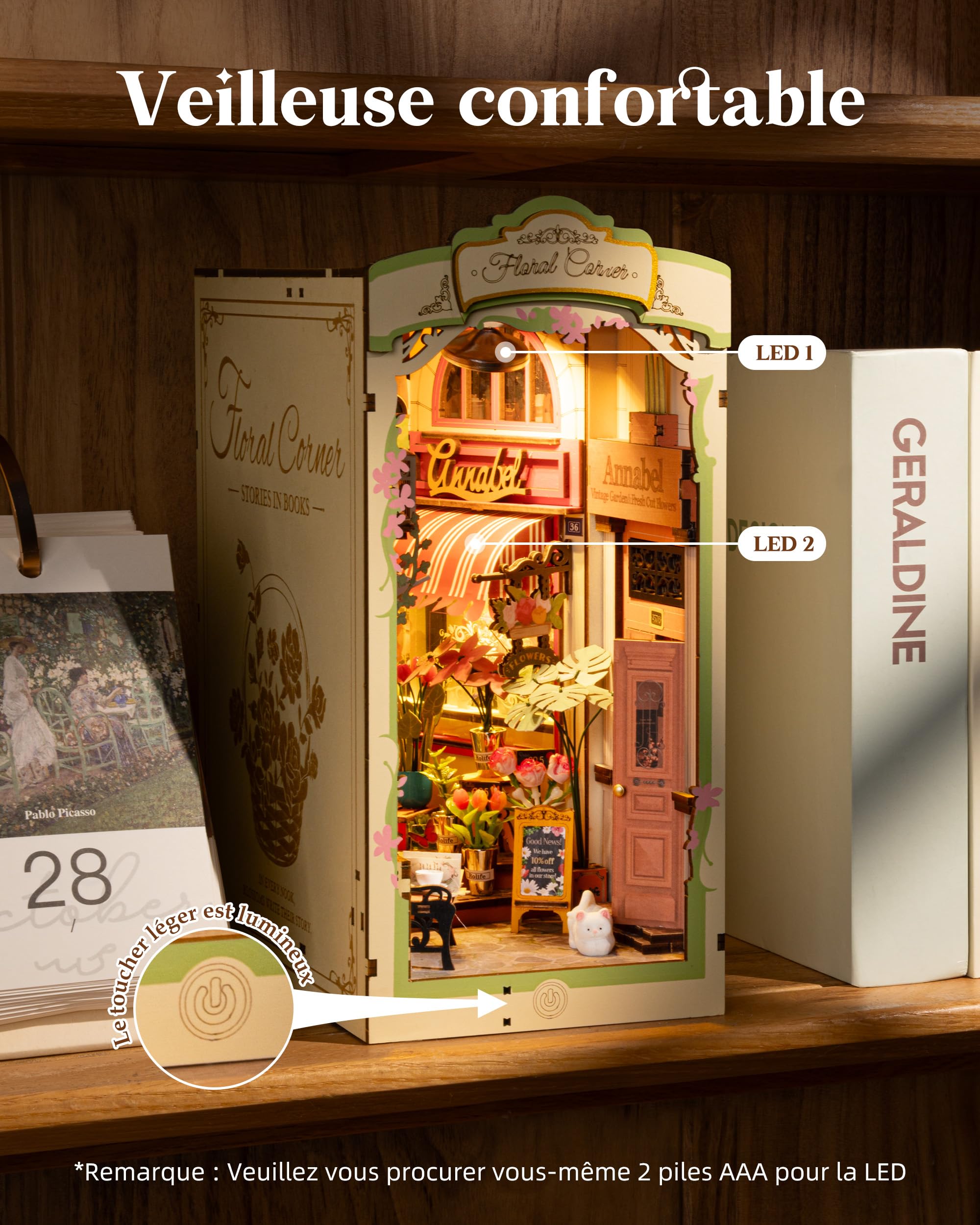 Rolife Floral Corner Book Nook Bausatz für Erwachsene mit LED, Ohne Kleber
