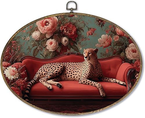 Fewgb Vintage Cheetah Leopard Oval Wall Art Decor Framed, Retro Trendy Cheetah Canvas Wall Art Prints Picture, Maximalist Moody Hanging Room Decor