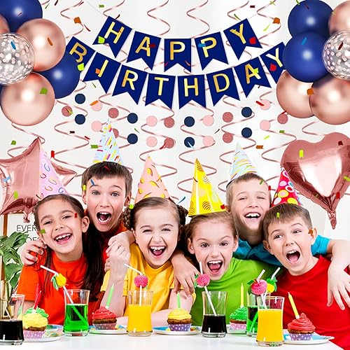 Miniatura 3 de Kit de decoración de feliz cumpleaños azul marino, globos de oro rosa, suministros de fiesta de cumpleaños para mujeres, niñas, hombres, pancarta de