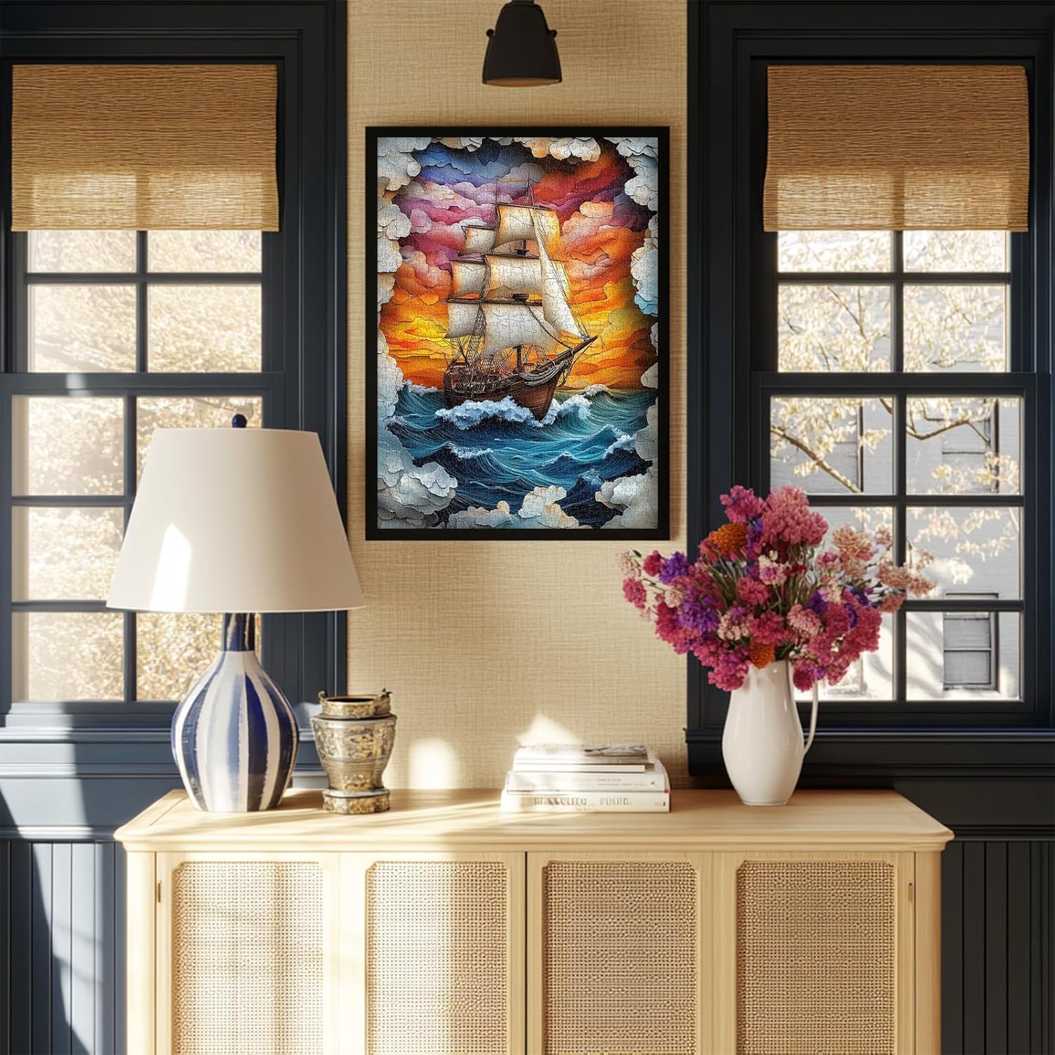 PICKFORU Sailboat 1000 Piece Puzzle for Adults, Colorful Sunset Sea Jigsaw Puzzles Boat, Gradient Ocean Stone Carving Theme Puzzle