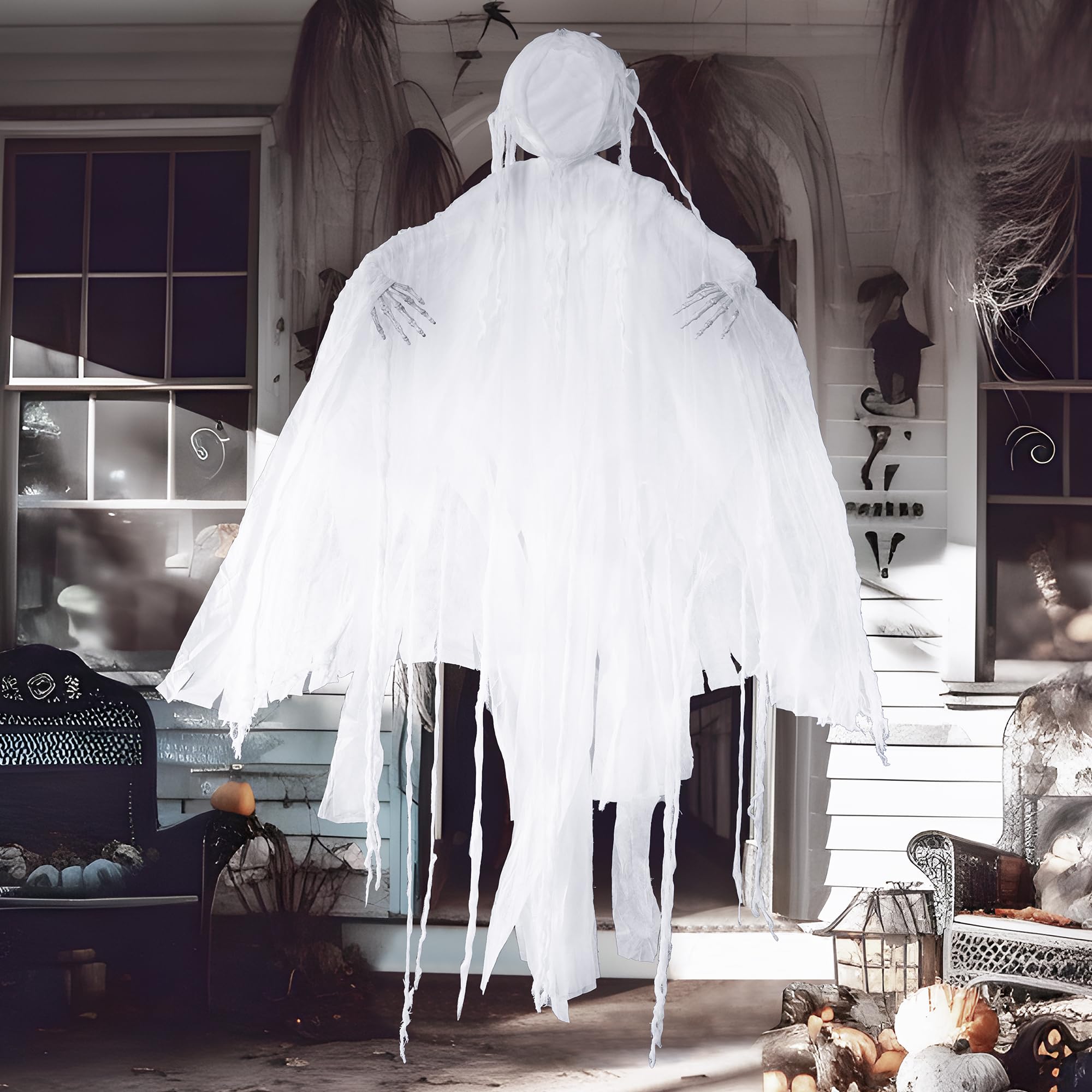 JOYIN Wiszący ponury żniwiarz 160 cm, duch bez twarzy w kolorze białym na Halloween, dekoracje wewnętrzne/zewnętrzne, dekoracja nawiedzonego domu, trawnik, wiszące dekoracje na podwórko