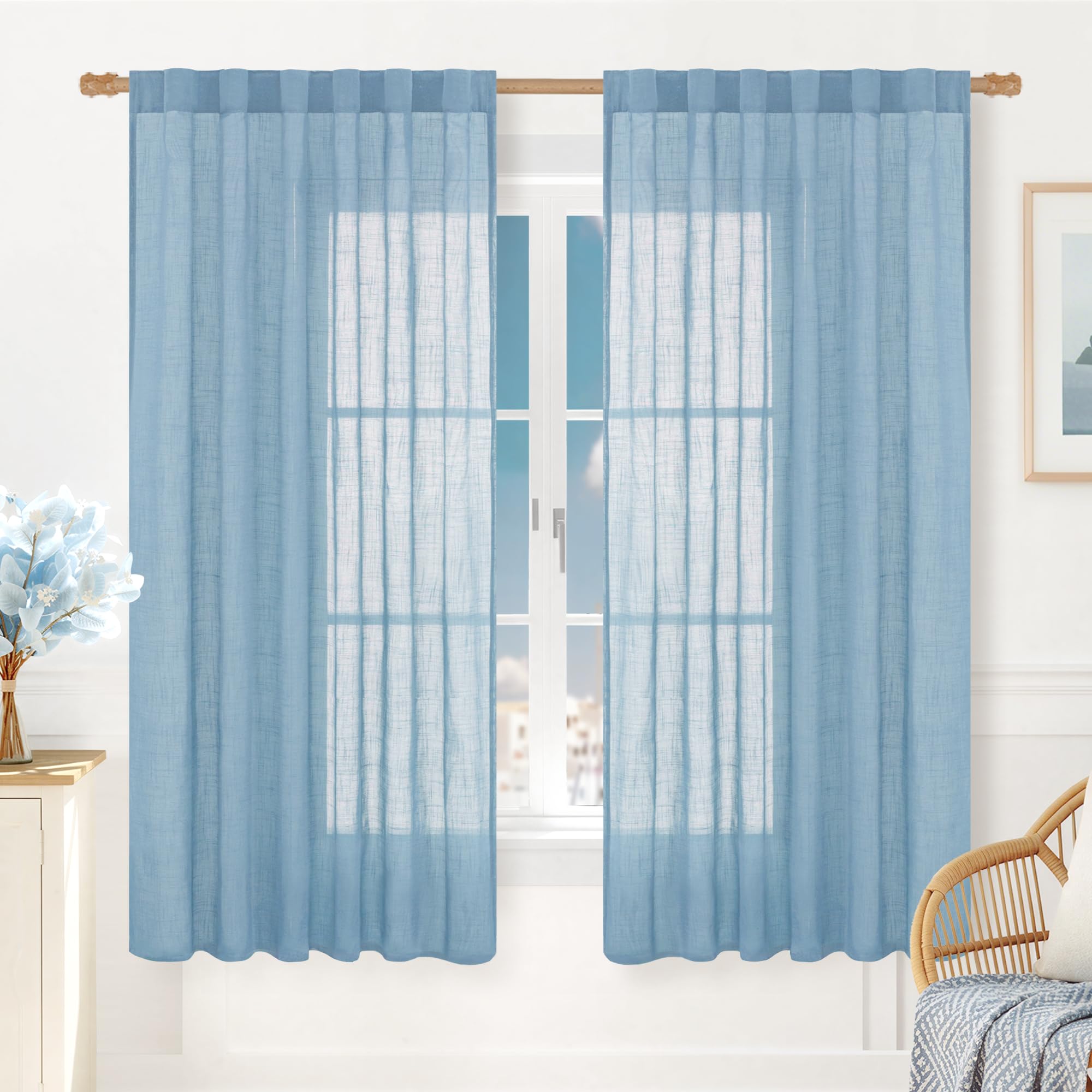 LAMIT Natural Linen Semi Sheer Curtains 84 Inches Long 2 Panels, Living Room Linen Textured Light Filtering Drapes Back Tab and Rod Pocket Neutral Window Panels for Bedroom/Sliding Door, 52 x 84 Inch — view 32