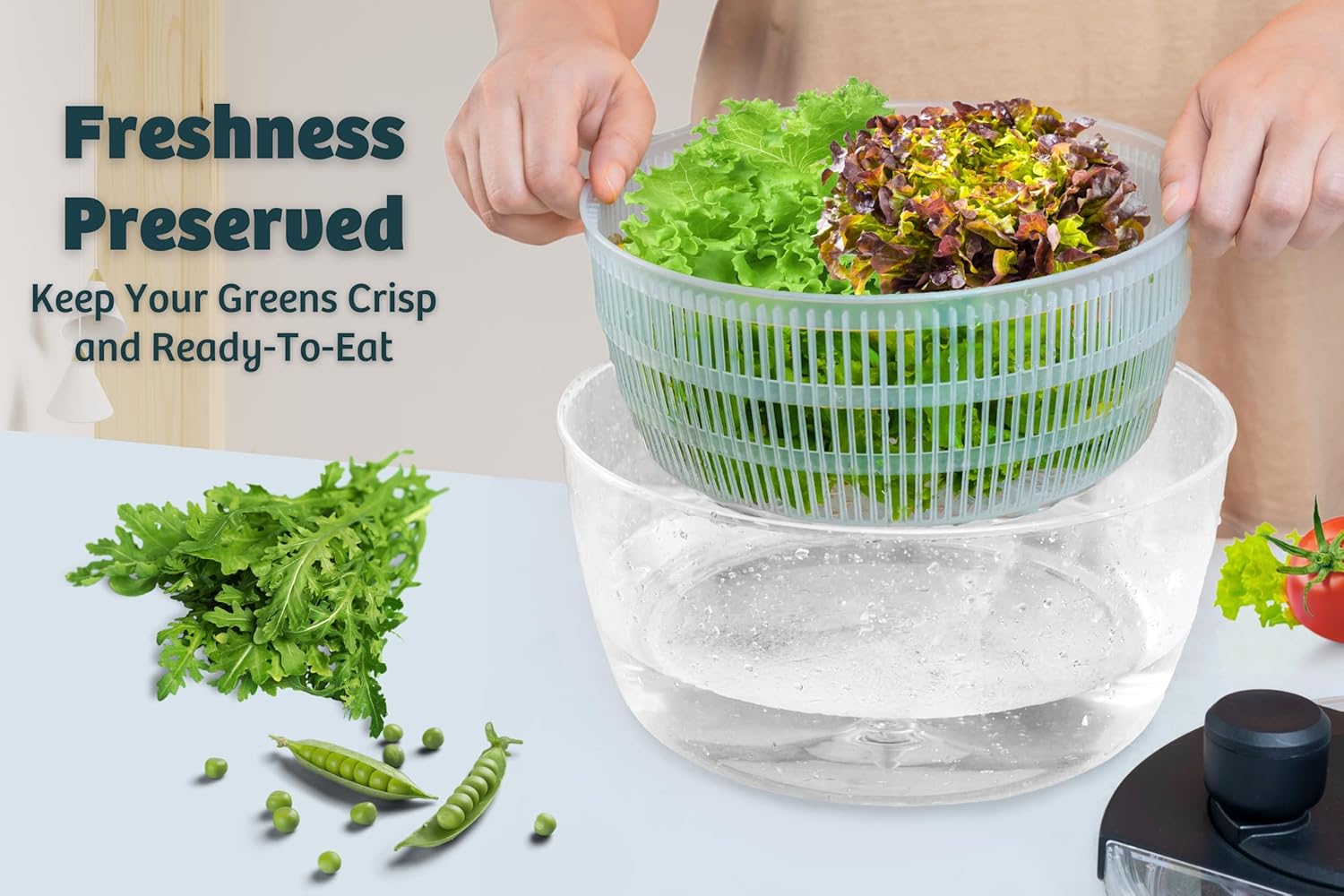 Salad Spinner – Large Clear Bowl with Drain and Colander – Multi-use Vegetable Dryer, Lettuce Spinner, Fruit Washer, Salad Mixer, Pasta & Fries Spinner - 4.2 Qt