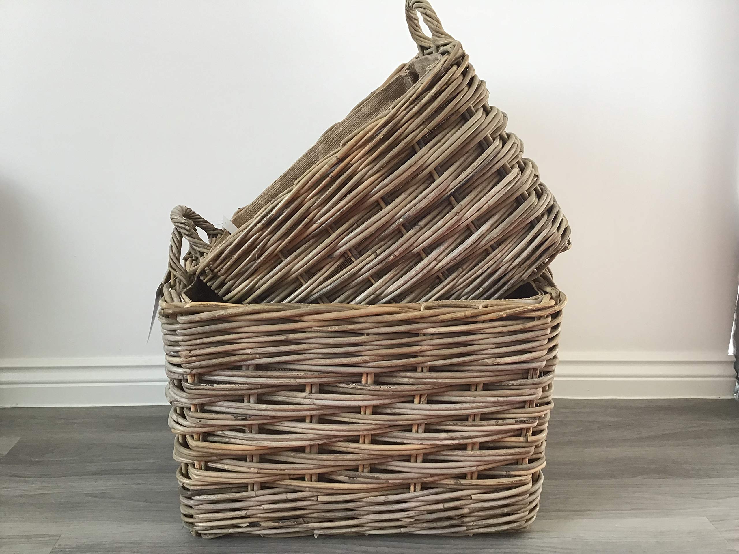 Rectangle Log/Storage Baskets, Hessian Lined, Excellent Quality, Very Strong Kuba Rattan (Set of 2)