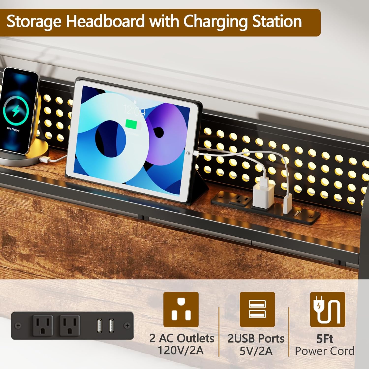 Furnulem Queen Size Bed Frame with Headboard Storage, Platform Bed Frame Queen Size with 2 Drawers, Charging Station and LED Lights, No Box Spring Needed, Noise Free, Easy Assembly (1000 lbs Capacity) - Image 4