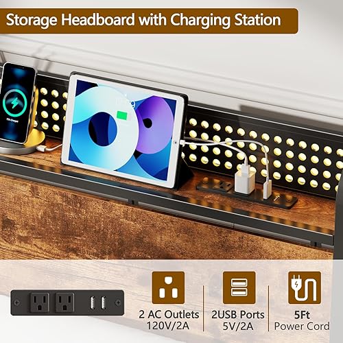 Miniatura 4 de Furnulem Base de cama tamaño Queen con almacenamiento de cabecero, base de cama de plataforma tamaño Queen con 2 cajones, estación de carga y luces