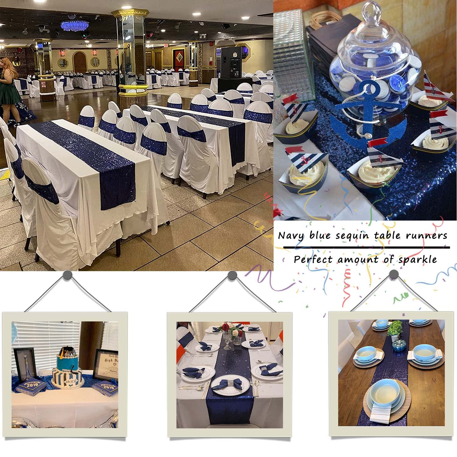 Runner da tavola con paillettes, blu navy, 30,5 x 183,5 cm, confezione da 6 | Glitter scintillanti ad alta densità, per matrimoni, feste di laurea, baby shower, decorazioni scintillanti blu navy