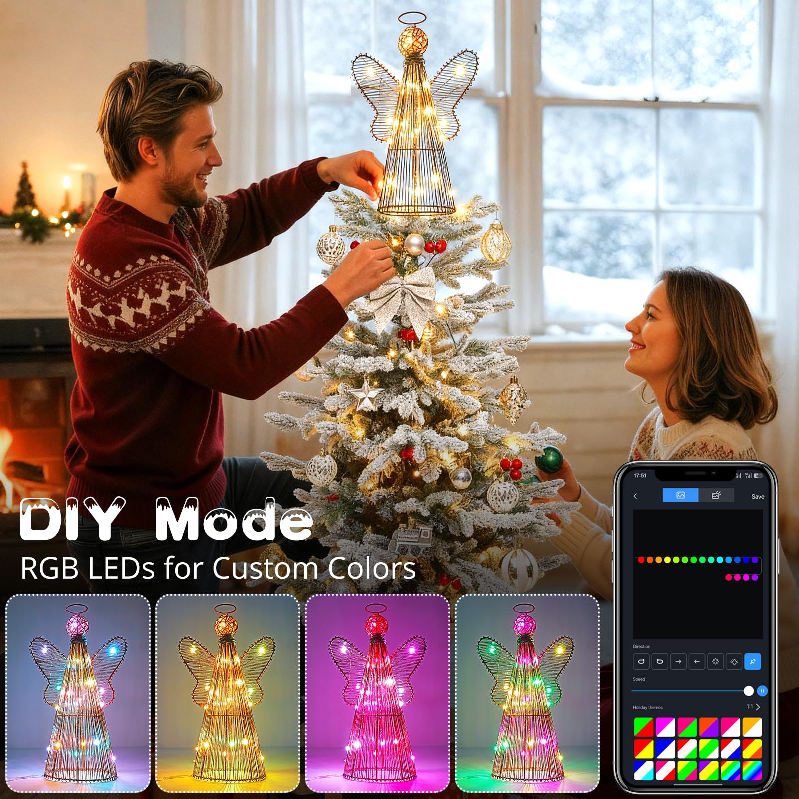 LED Engel Baumspitze mit goldenem Drahtrahmen Design, Farbwechselnde Lichter, ideal für Weihnachtsbaumschmuck