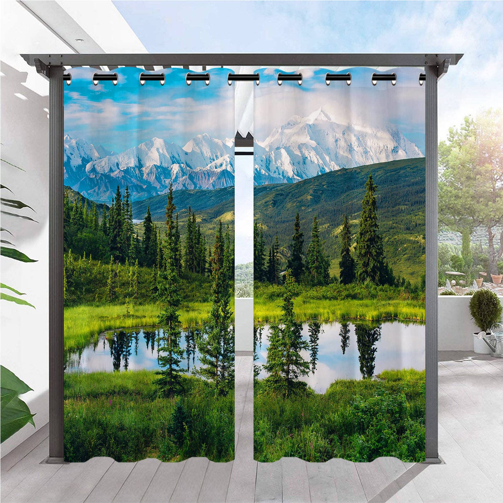 ANHOPE Outdoor Curtains Waterproof Eyelet Ring Top Drapes Nature Landscape Snowy Mountain Lake Print Pattern Privacy Outside Curtains for Garden Patio Gazebo Pergola Porch 2 Panels 52 x 84 Inch โ image 1