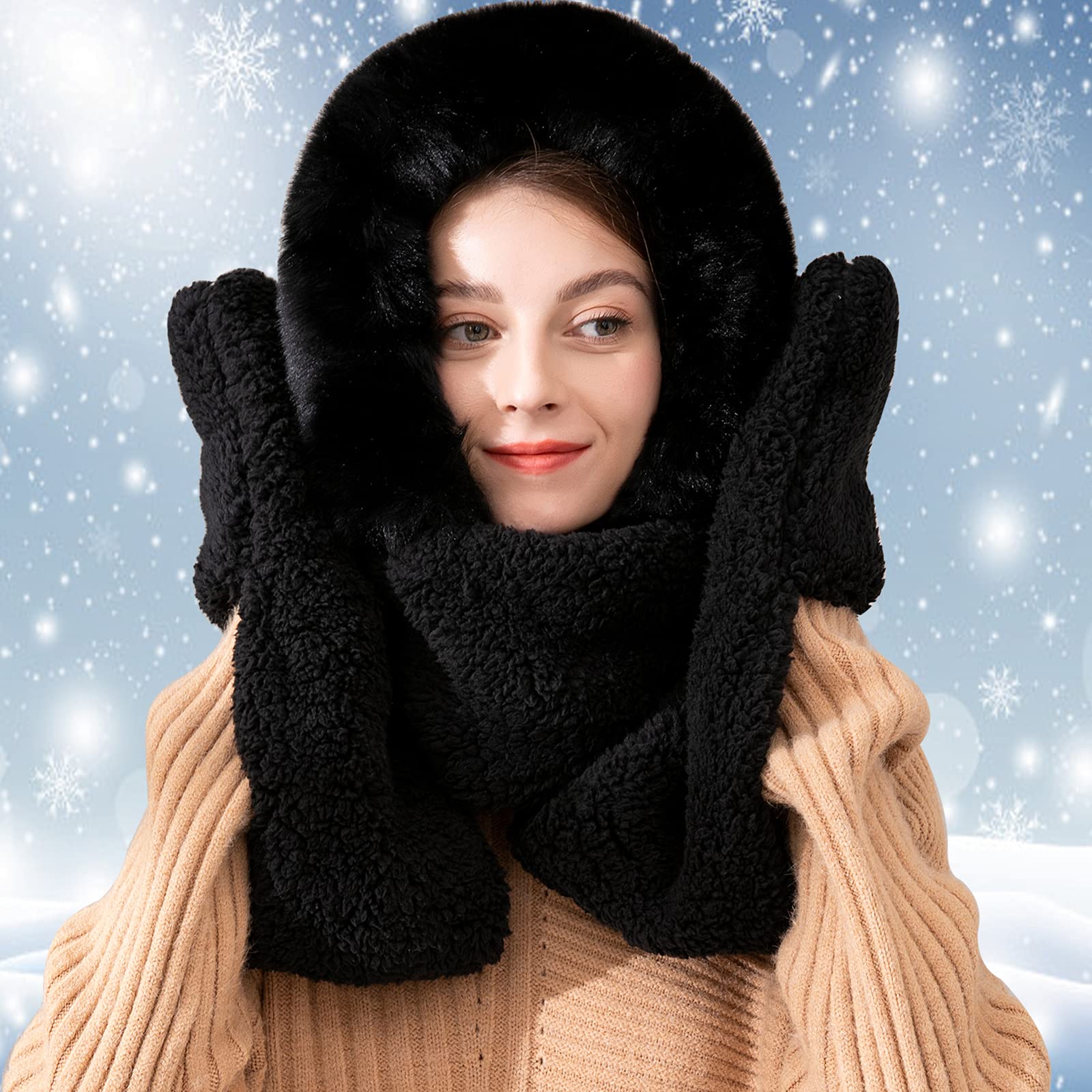 keyaway Invernali Sciarpe Cappello Guanti Donna, 3 In 1 Caldo Sciarpa con Cappuccio Tasche Earflap,Guanti caldi del cappello per donne (nero)…