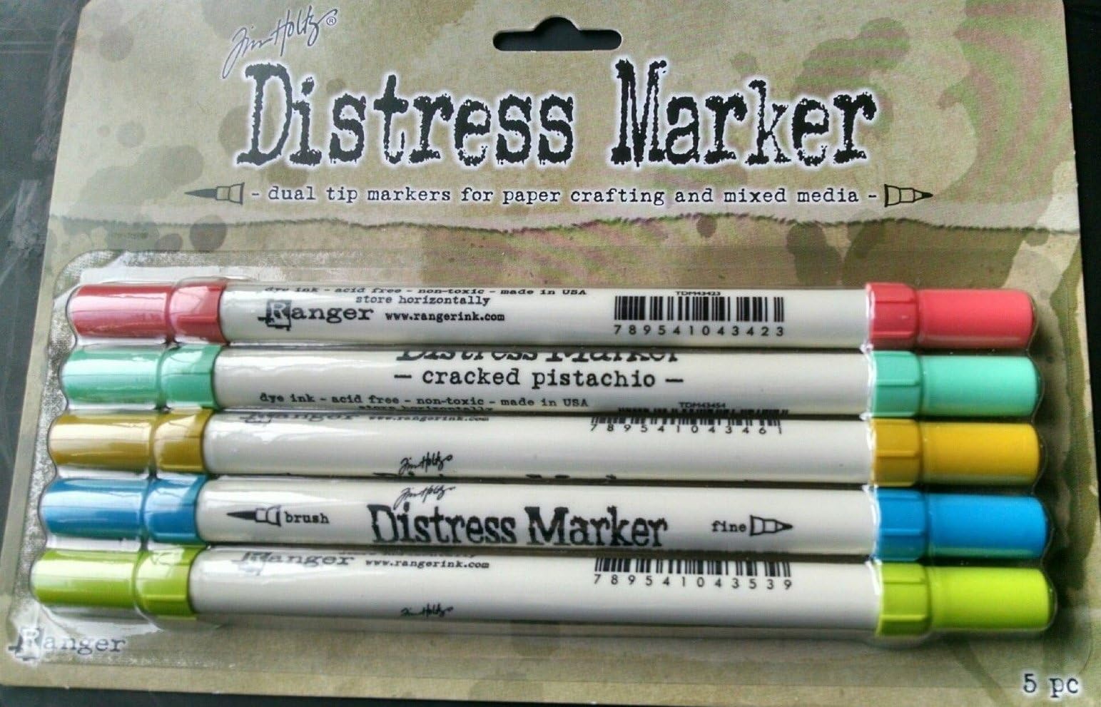 Ranger Tim Holtz Distress Marker set of 5 Abandoned Coral, Cracked Pistachio, Fossilized Amber, Mermaid Lagoon, Twisted Citron