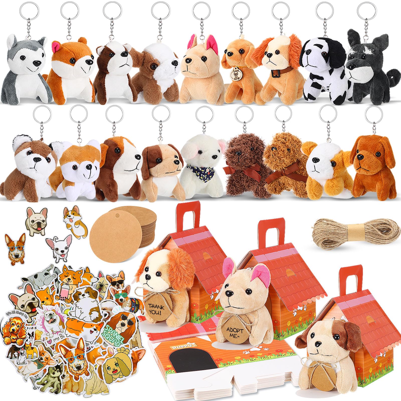 Spakon 88 Pcs Curly Dog Party Favors for Boys and Girls Includes 18 Set Mini Puppy Stuffed Animals Plush Keychains Party Gift Box House Sticker Adopt
