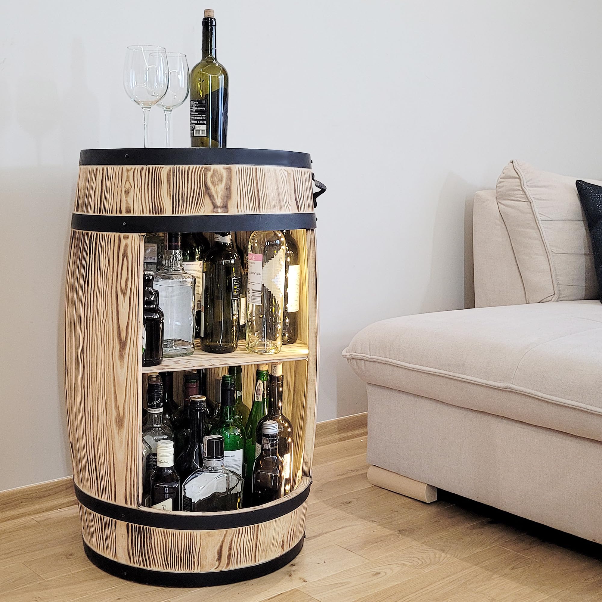 weeco Barile in legno con luci a LED – Armadietto da bar – Barile per vino – Armadietto per vino in stile retrò – Bar in botte di legno – Barile di vino bar 80 x 50 cm