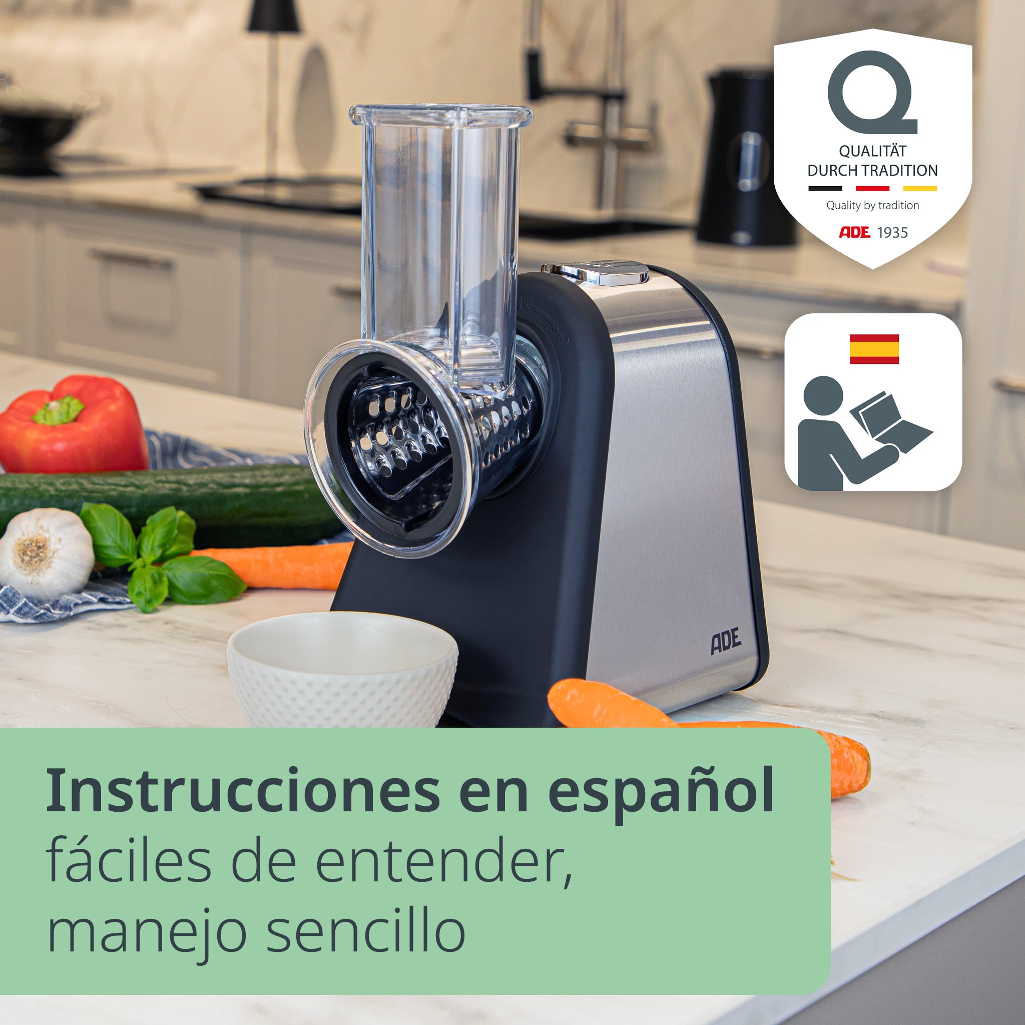 ADE Cortador de verduras eléctrico | Rallador para fruta, zanahorias, pepino, manzanas, nueces | 4 insertos extra afilados | Rallador de queso | 200 a 500 W
