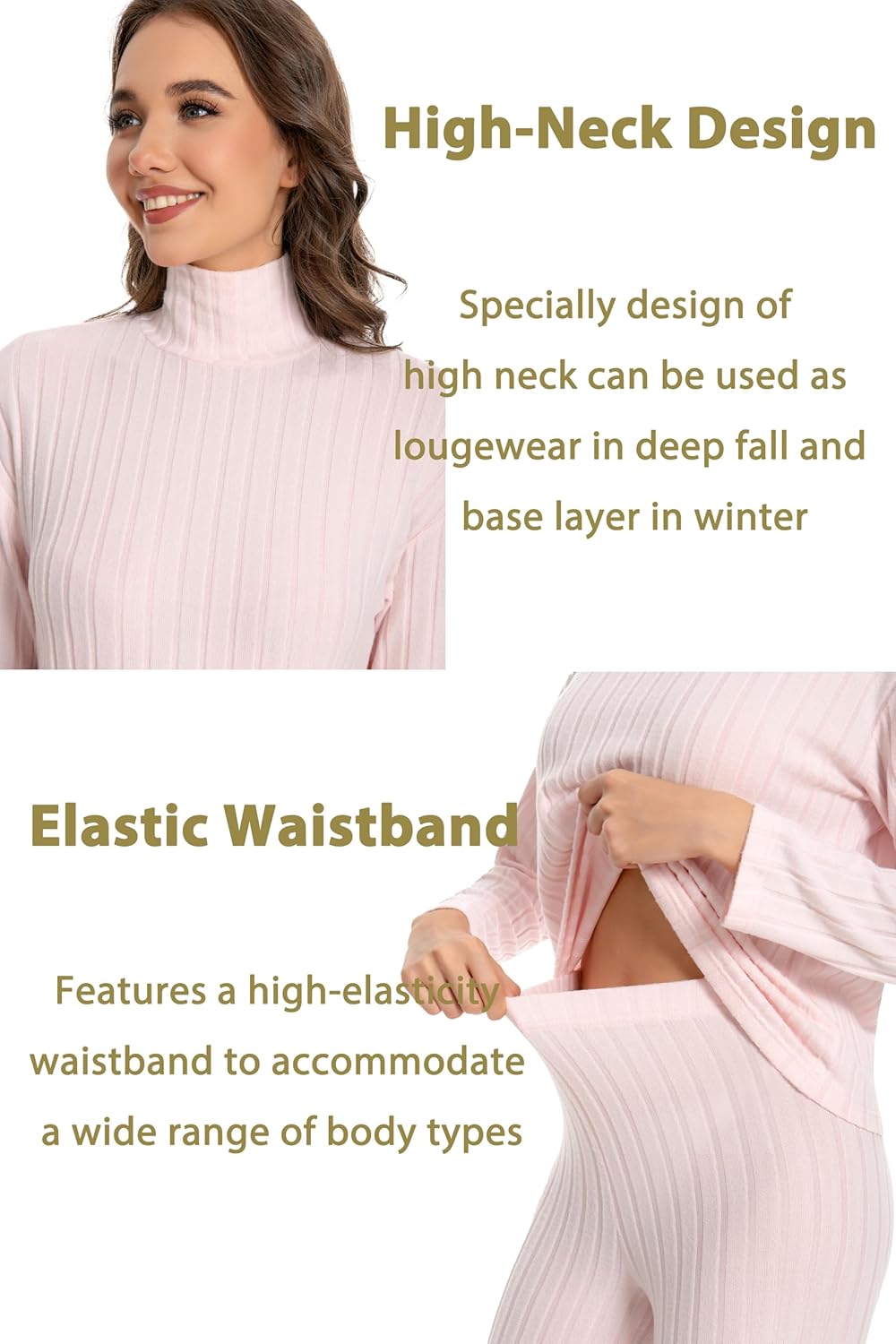 Nutria Women's Pajama Set Long Sleeve High Neck Striped Brushed Fleece Loungewear Soft 2 Piece Outfit Fall Winter D10 - Image 4